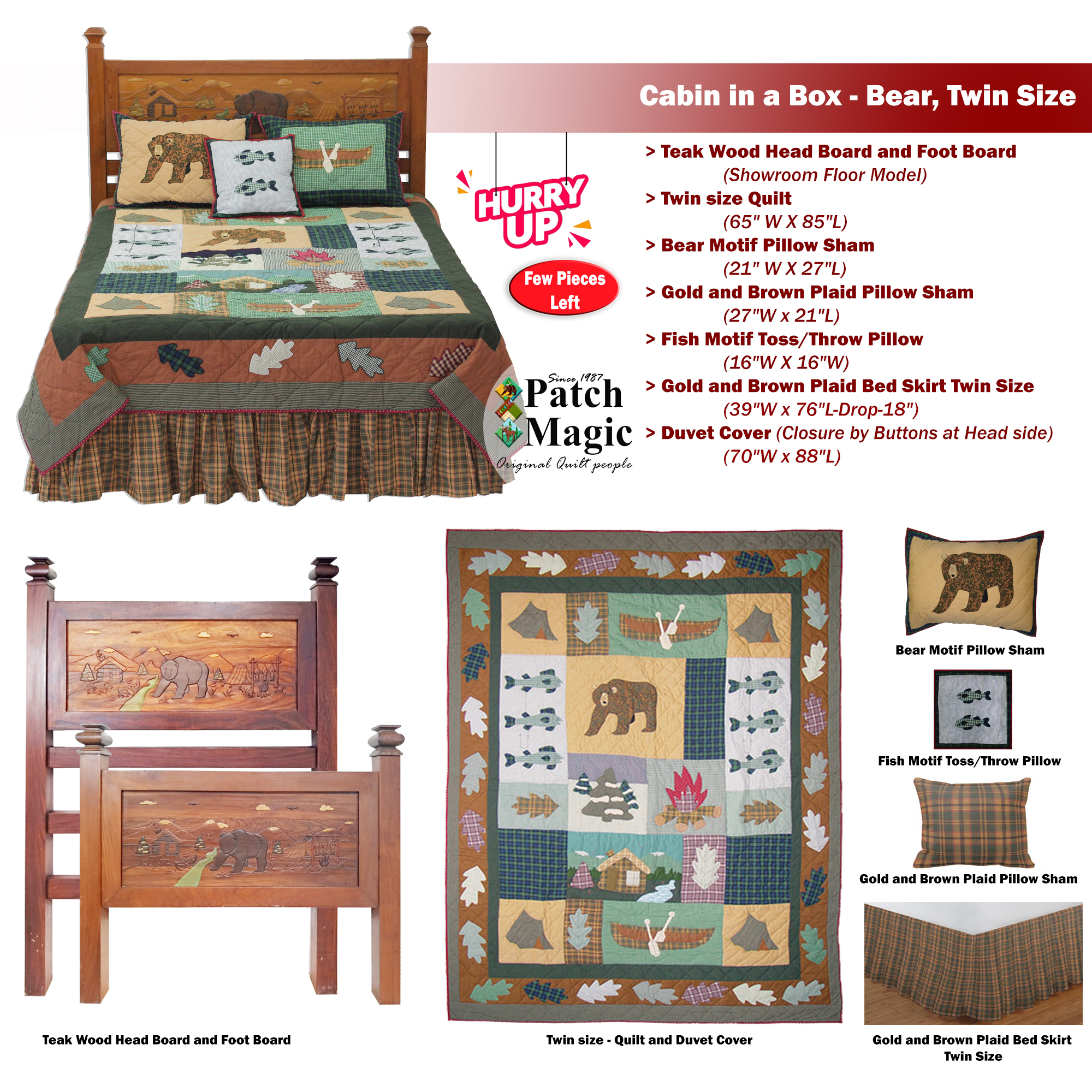 Cabin in a Box - Bear, Twin size Teak wood Head/Foot Board with Quilt and Accessories Set.