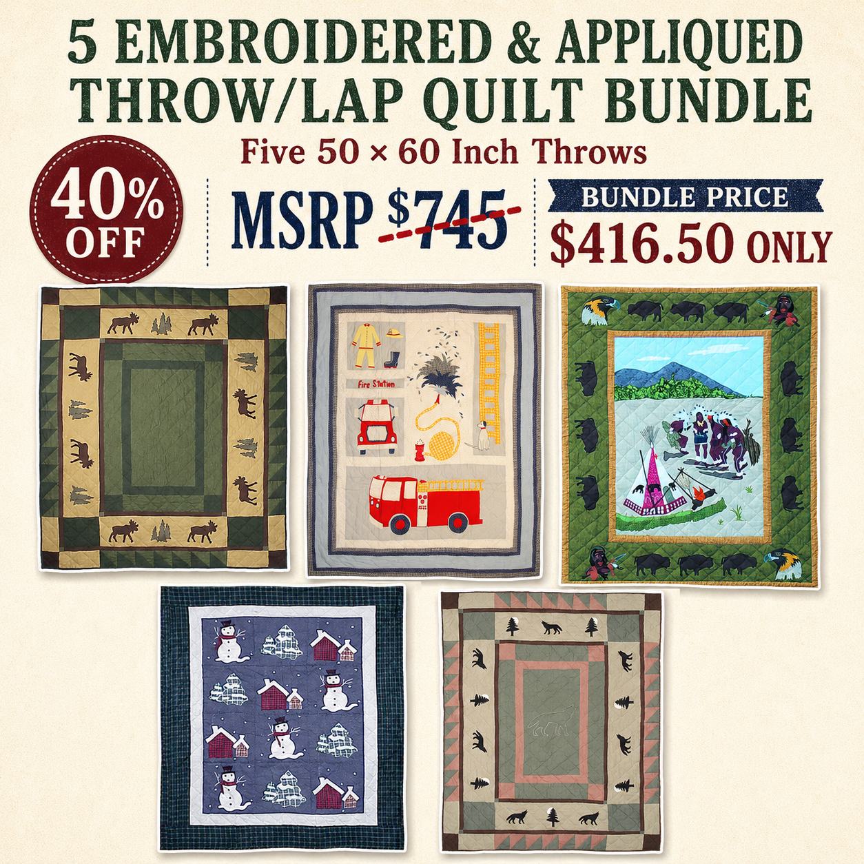 Five Handmade Embroidery Throws Bundle&ndash; 50" &times; 60"- 40% Offer - Limited period offer - Expiring soon