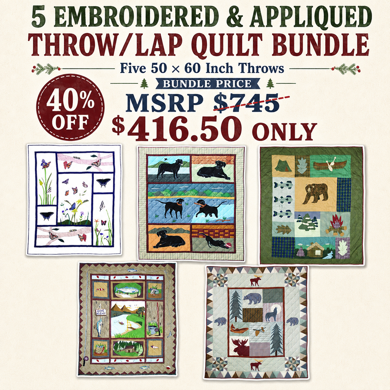 Five Handmade Appliqued Throws Bundle&ndash; 50" &times; 60"- 40% Offer - Limited period offer - Expiring soon