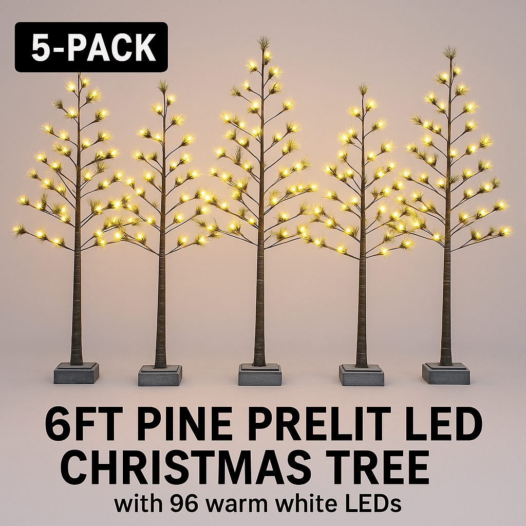 5-Pack Value Set: 6FT Pine Prelit LED Christmas Trees – Perfect for Events & Home Décor - LIMITED TIME DEAL – BUY MORE & SAVE BIG!