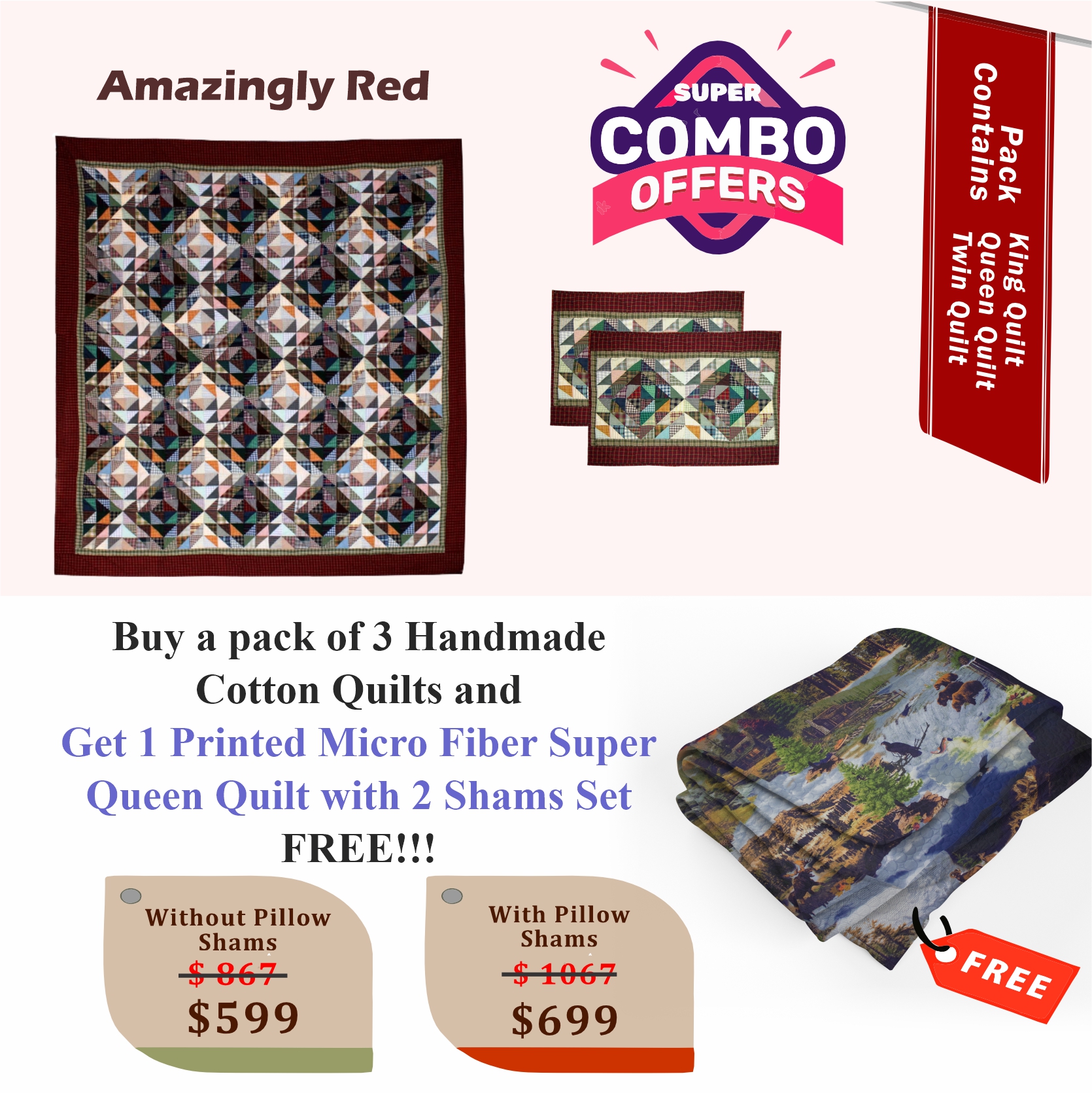Amazingly Red- Handmade Cotton quilts | Matching pillow shams | Buy 3 cotton quilts and get 1 Printed Microfiber Super Queen Quilt with 2 Shams set FREE
