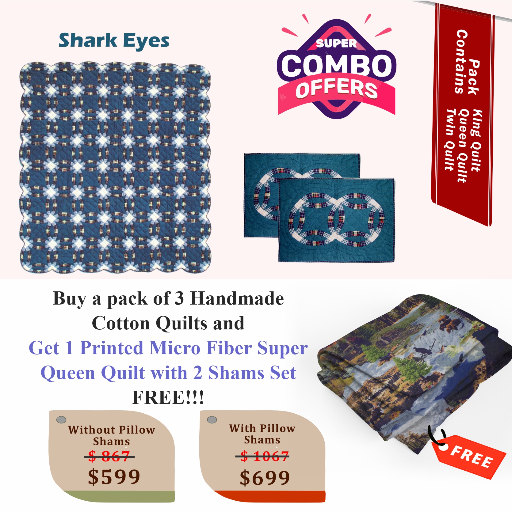 Shark Eyes- Handmade Cotton quilts | Matching pillow shams | Buy 3 cotton quilts and get 1 Printed Microfiber Super Queen Quilt with 2 Shams set FREE