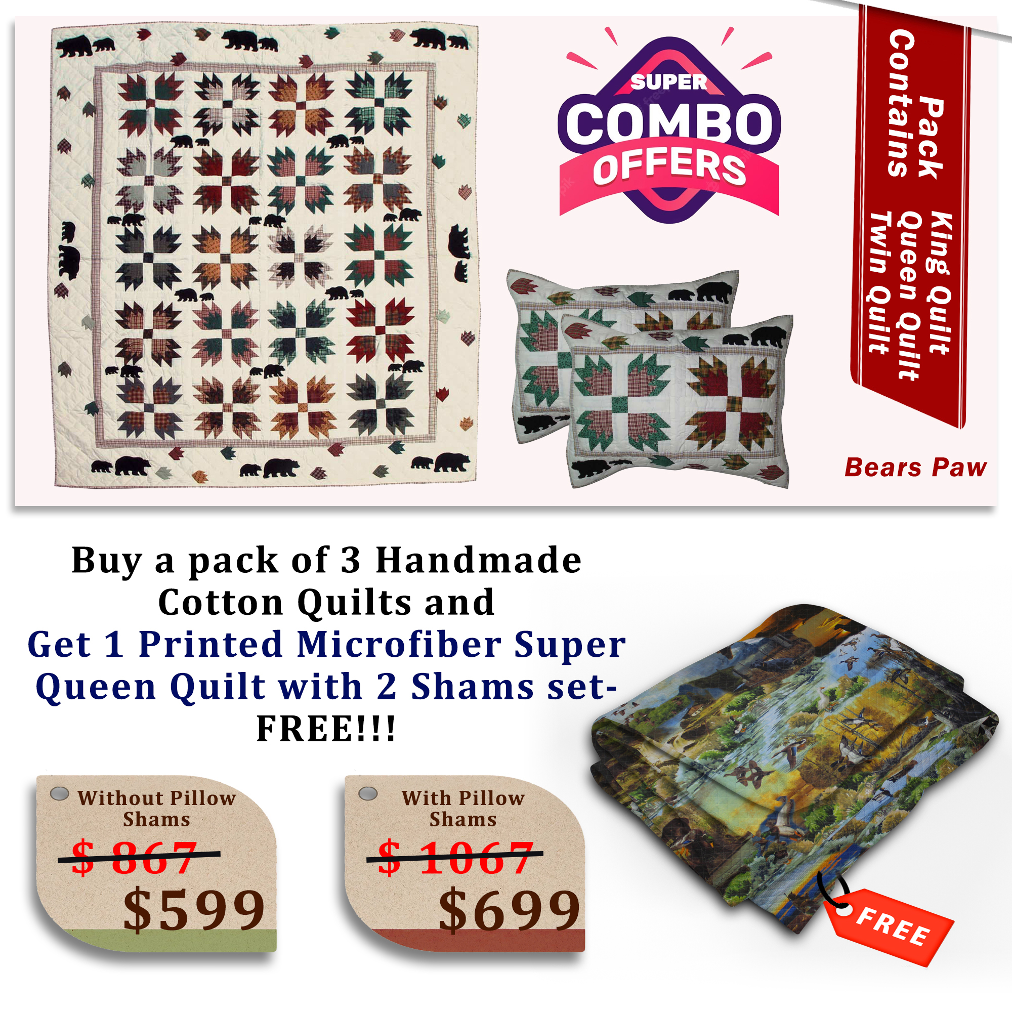 Bears Paw - Handmade Cotton quilts | Matching pillow shams | Buy 3 cotton quilts and get 1 Printed Microfiber Super Queen Quilt with 2 Shams set FREE
