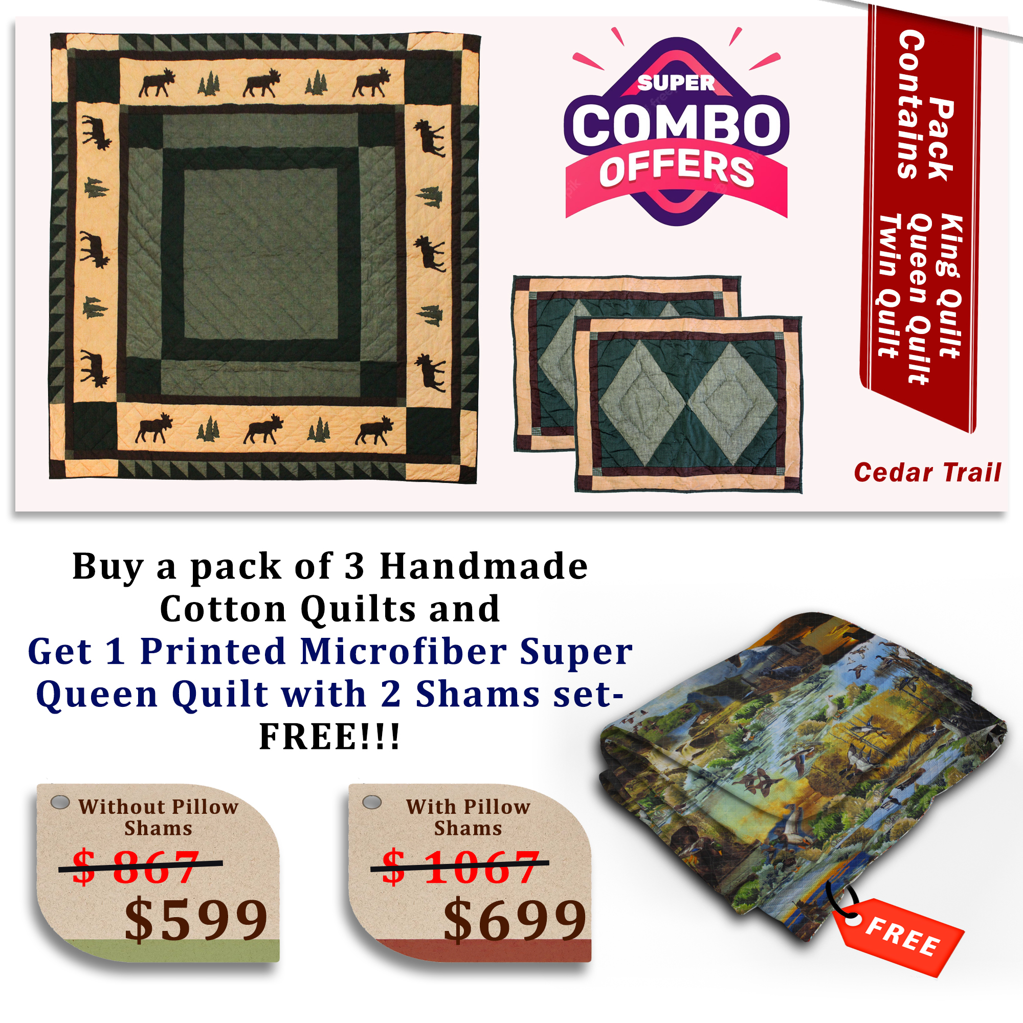Cedar Trail - Handmade Cotton quilts | Matching pillow shams | Buy 3 cotton quilts and get 1 Printed Microfiber Super Queen Quilt with 2 Shams set FREE