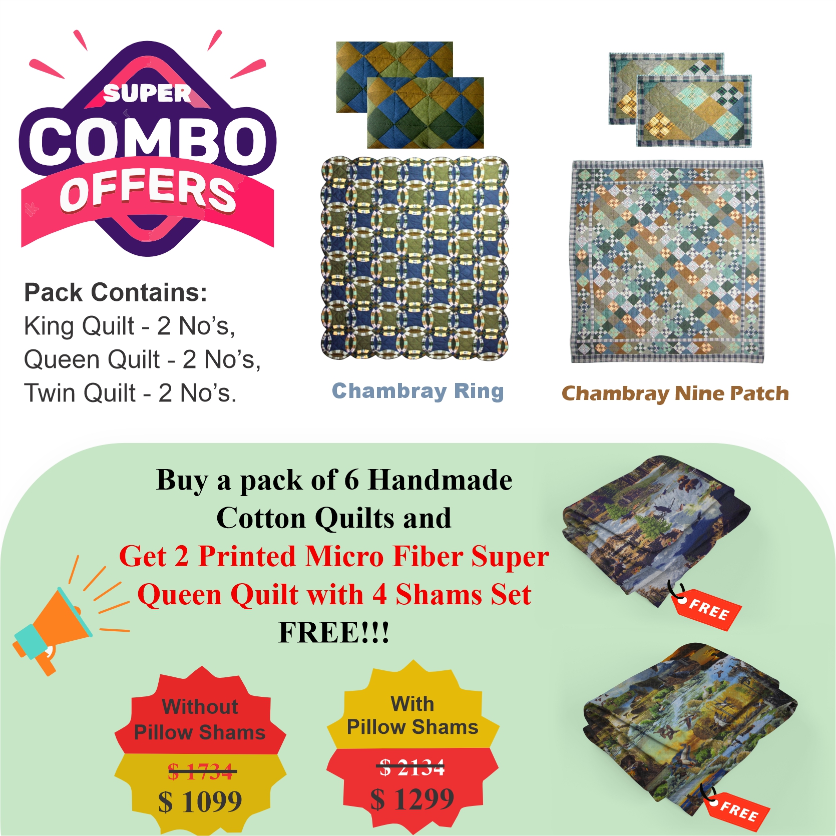 Spirit of Nine /Chambray Whirl  - Pack of 6 handmade cotton quilts | Matching Pillow shams | Buy 6 cotton quilts and get 2 Printed Microfiber Super Queen Quilt with 2 Shams