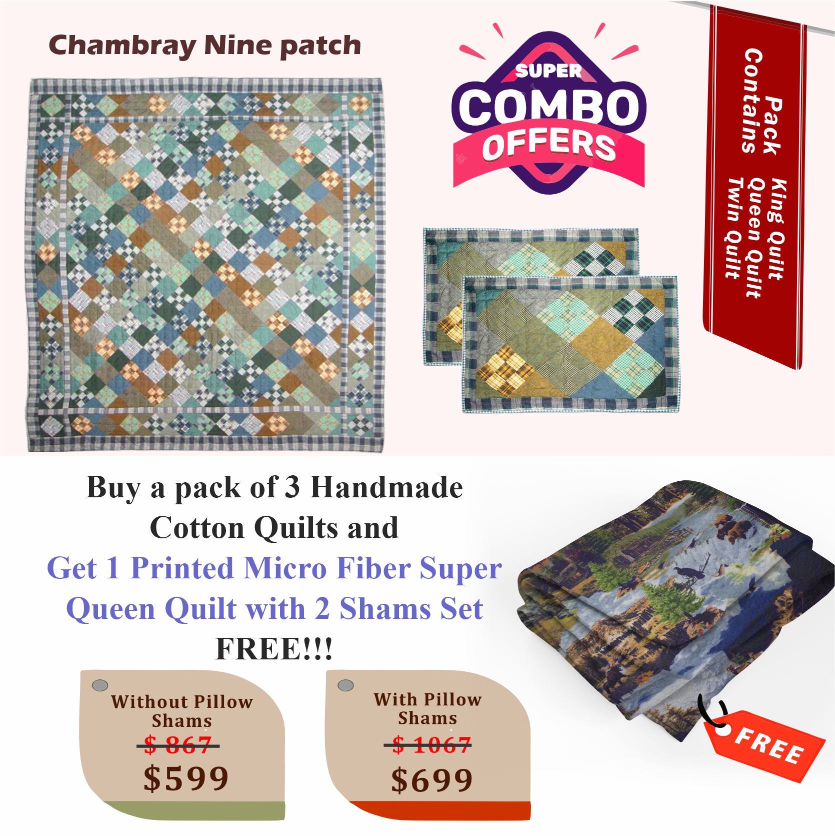 Spirit of Nine - Handmade Cotton quilts | Matching pillow shams | Buy 3 cotton quilts and get 1 Printed Microfiber Super Queen Quilt with 2 Shams set FREE