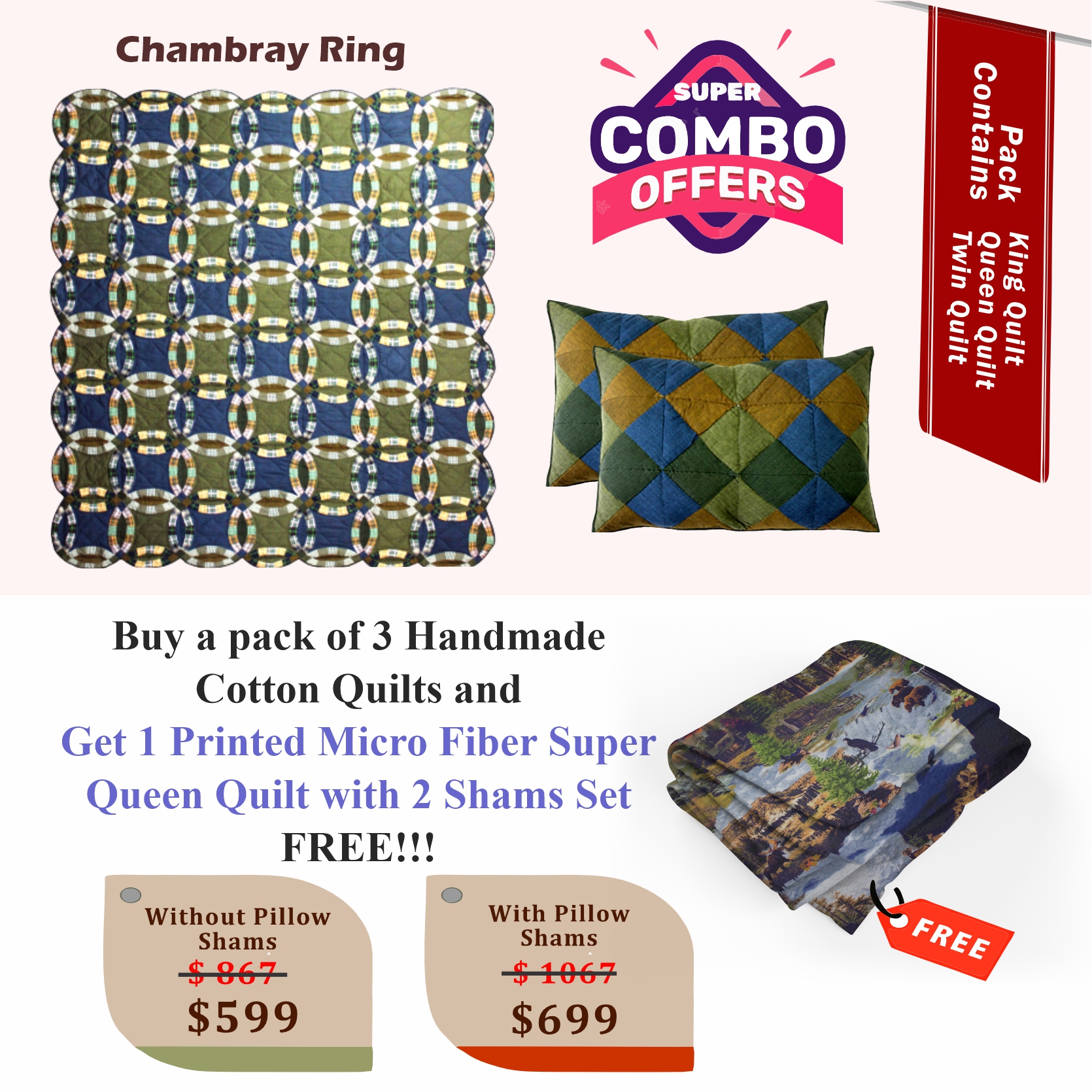 Chambray Whirl - Handmade Cotton quilts | Matching pillow shams | Buy 3 cotton quilts and get 1 Printed Microfiber Super Queen Quilt with 2 Shams set FREE