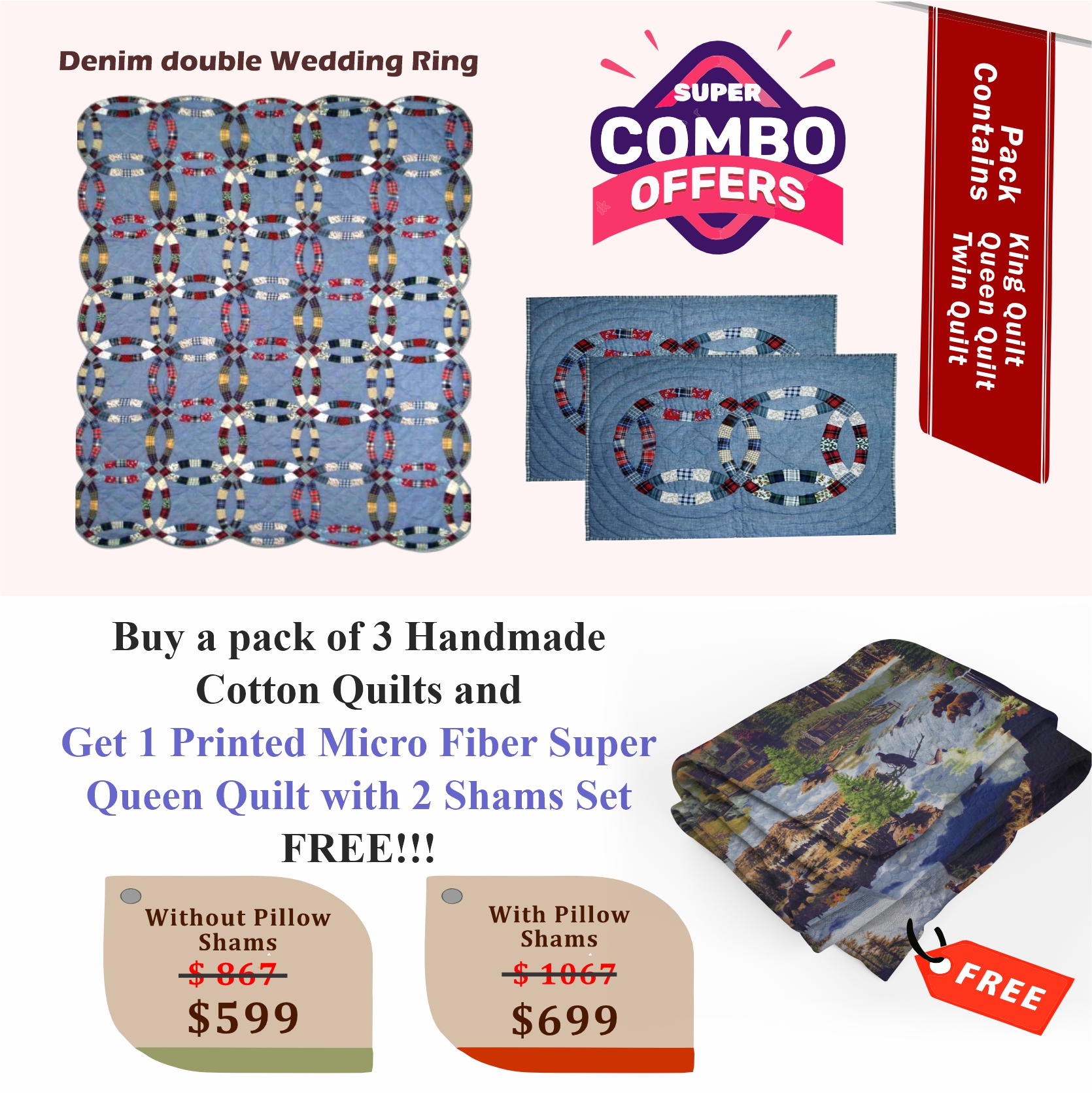 Blue cascade - Handmade Cotton quilts | Matching pillow shams | Buy 3 cotton quilts and get 1 Printed Microfiber Super Queen Quilt with 2 Shams set FREE