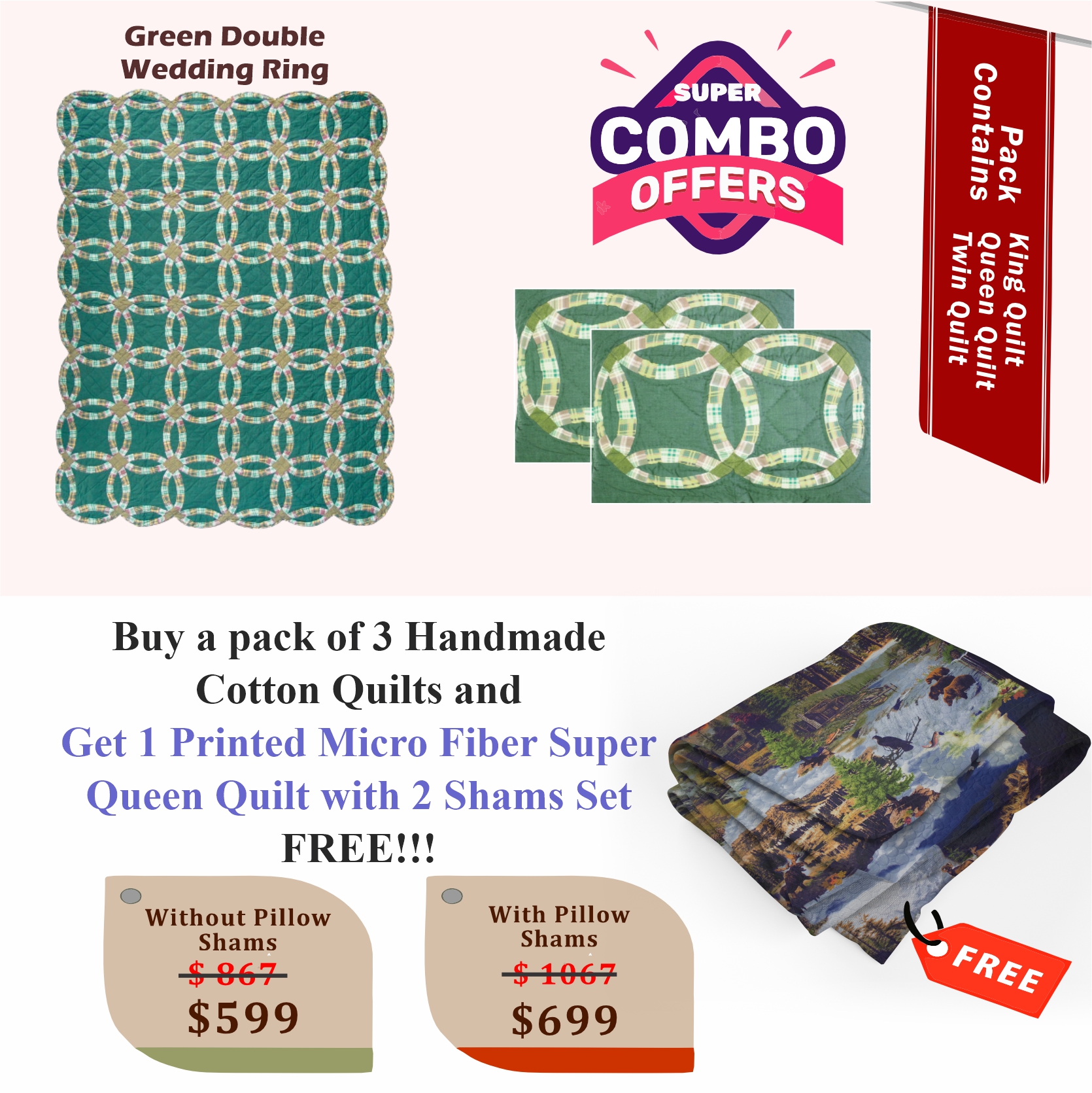 Green Cats Eye - Handmade Cotton quilts | Matching pillow shams | Buy 3 cotton quilts and get 1 Printed Microfiber Super Queen Quilt with 2 Shams set FREE