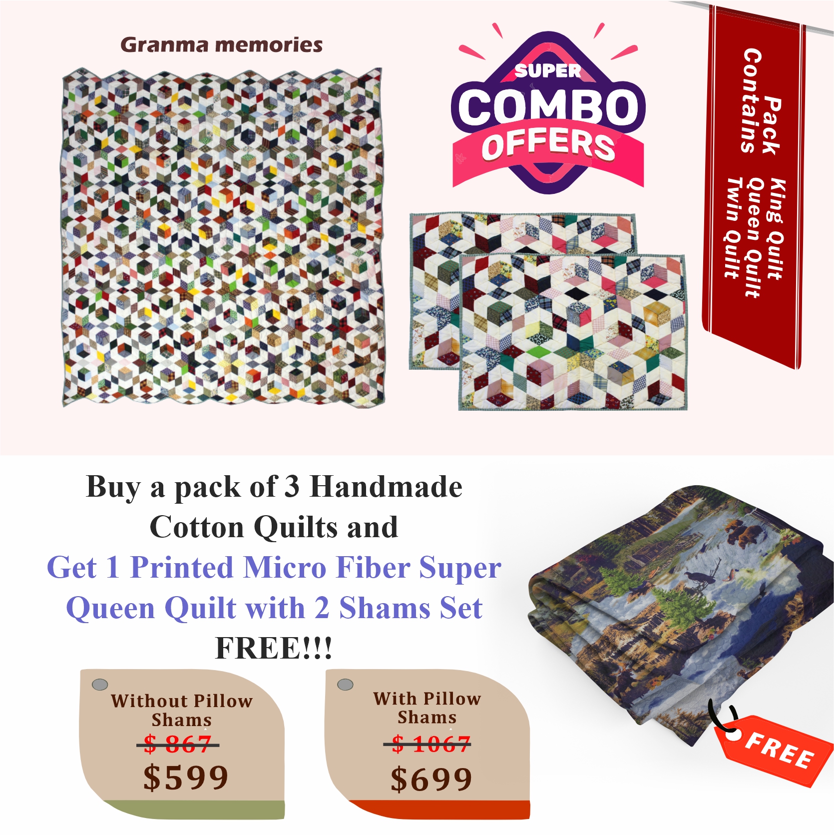 Granma Memory - Handmade Cotton quilts | Buy 3 cotton quilts and get 1 Printed Microfiber Super Queen Quilt with 2 Shams set FREE