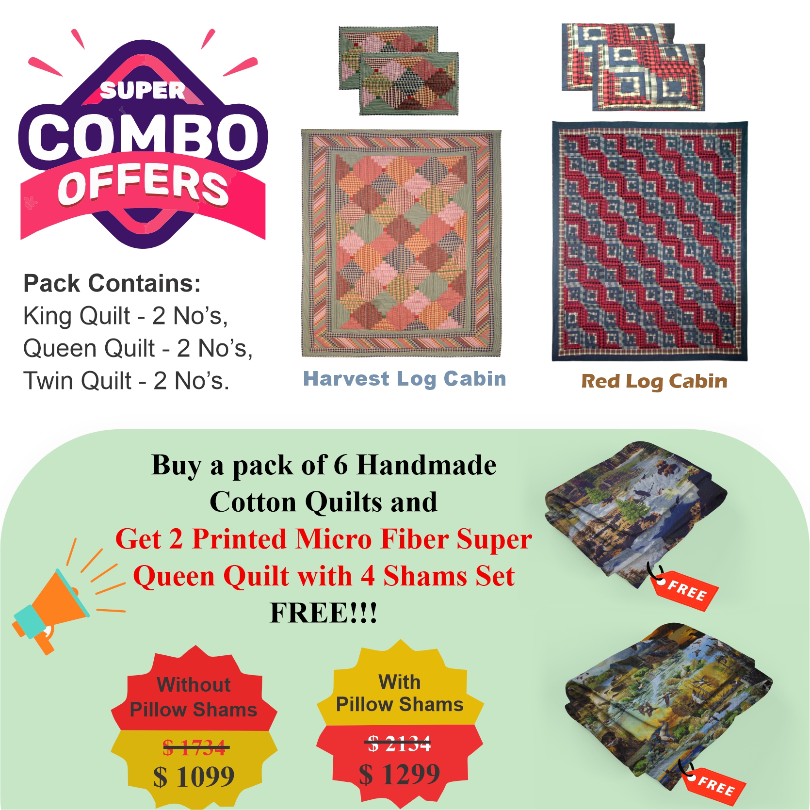 Harvest Log Cabin/Red Log Cabin  - Pack of 6 handmade cotton quilts | Matching Pillow shams | Buy 6 cotton quilts and get 2 Printed Microfiber Super Queen Quilt with 4 Shams