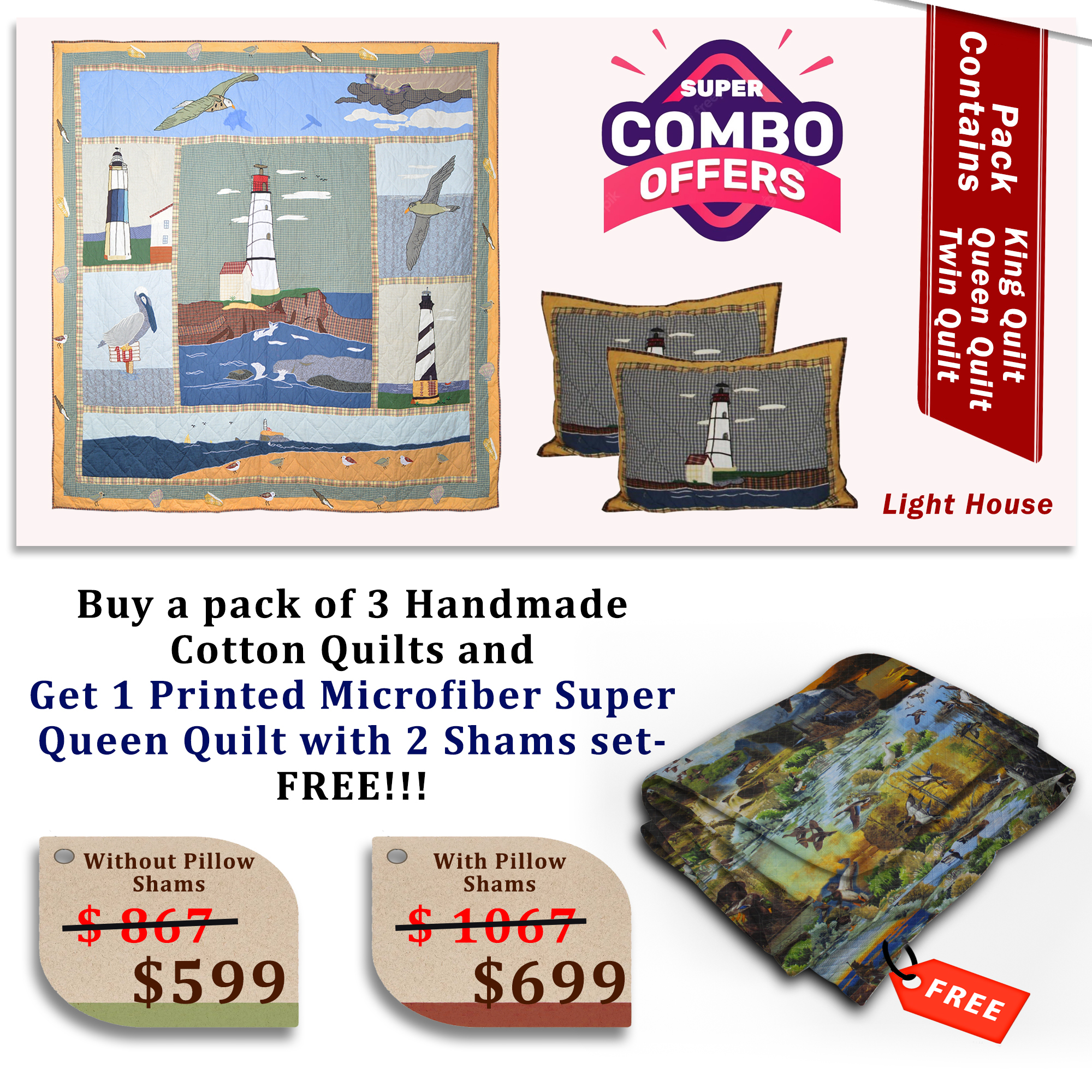 Light House - Handmade Cotton quilts  | Buy 3 cotton quilts and get 1 Printed Microfiber Super Queen Quilt with 2 Shams set FREE