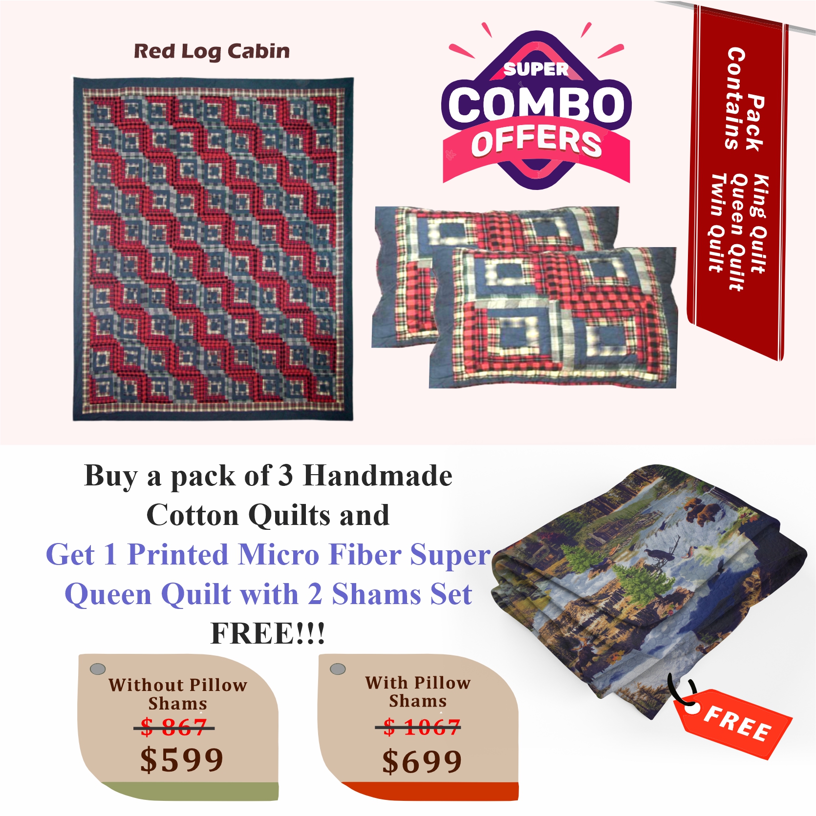 Red Log Cabin - Handmade Cotton quilts   | Buy 3 cotton quilts and get 1 Printed Microfiber Super Queen Quilt with 2 Shams set FREE