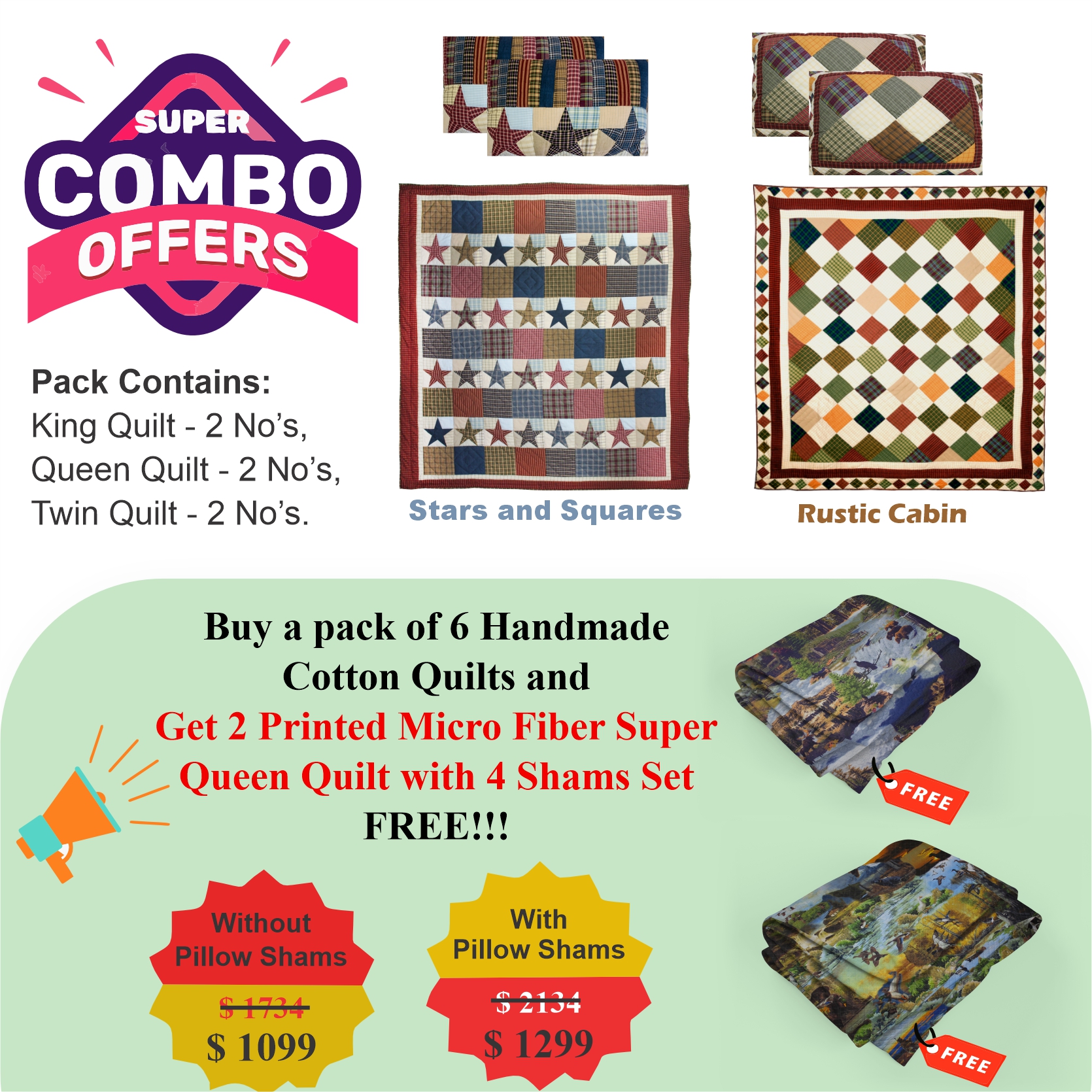Rustic Cabin /Stars and Squares  - Pack of 6 handmade cotton quilts | Buy 6 cotton quilts and get 2 Printed Microfiber Super Queen Quilt with 4 Shams