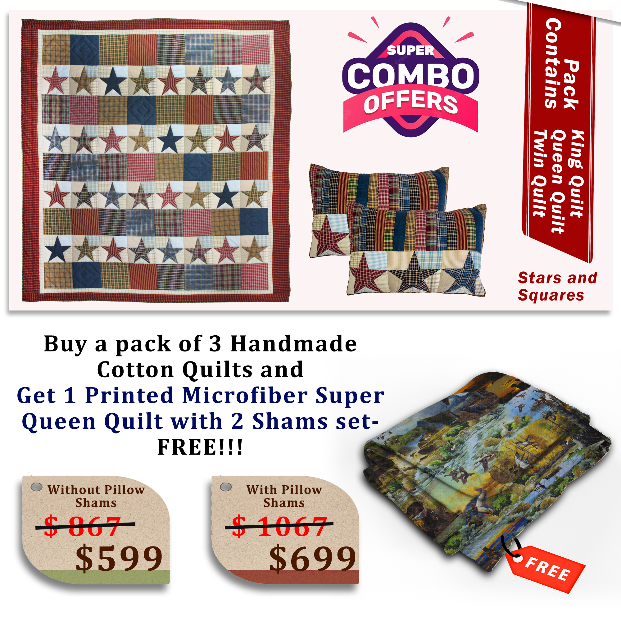 Stars and Squares - Handmade Cotton quilts  | Buy 3 cotton quilts and get 1 Printed Microfiber Super Queen Quilt with 2 Shams set FREE