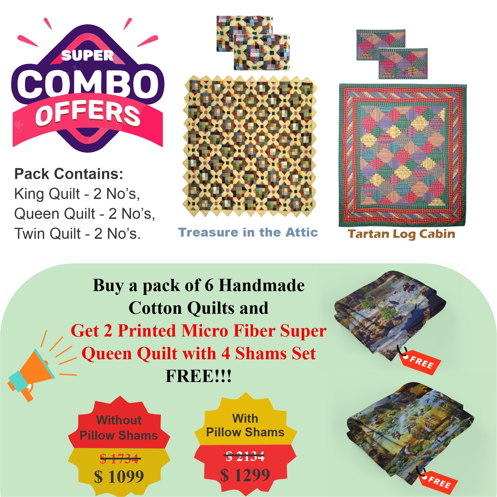 Village Crossroads /Celtic Labrinyth  - Pack of 6 handmade cotton quilts | Buy 6 cotton quilts and get 2 Printed Microfiber Super Queen Quilt with 2 Shams