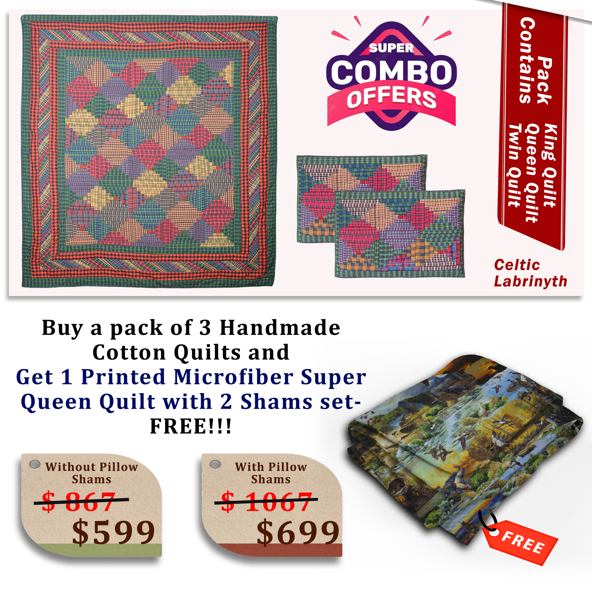 Celtic Labrinyth - Handmade Cotton quilts | Buy 3 cotton quilts and get 1 Printed Microfiber Super Queen Quilt with 2 Shams set FREE