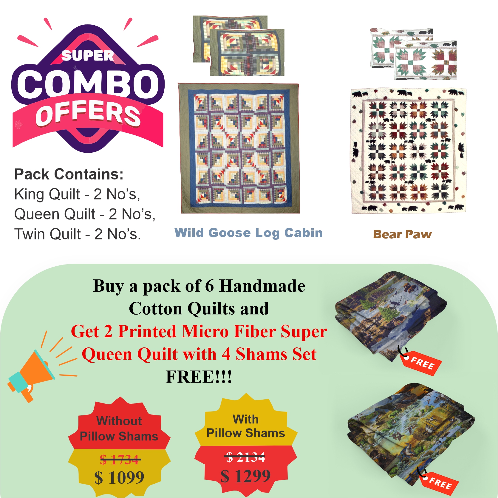 Geese in heaven /Bears Paw  - Pack of 6 handmade cotton quilts | Buy 6 cotton quilts and get 2 Printed Microfiber Super Queen Quilt with 2 Shams