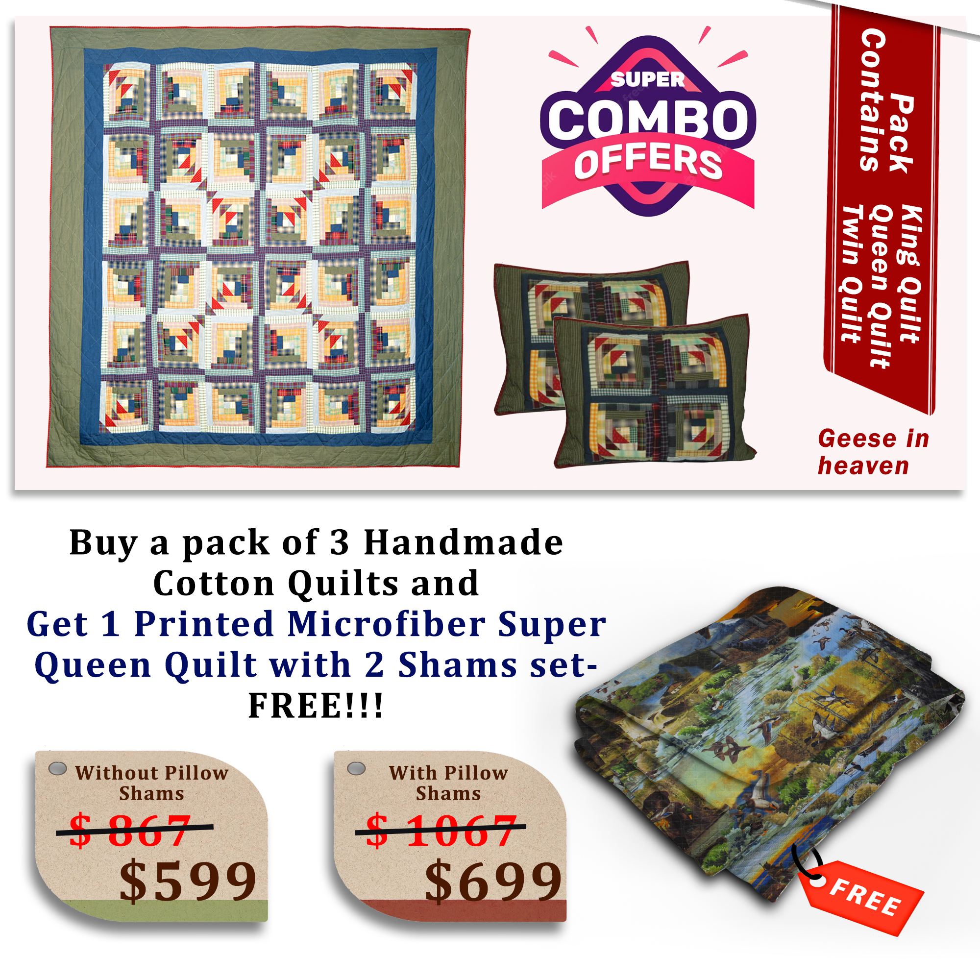 Geese in heaven - Handmade Cotton quilts | Buy 3 cotton quilts and get 1 Printed Microfiber Super Queen Quilt with 2 Shams set FREE