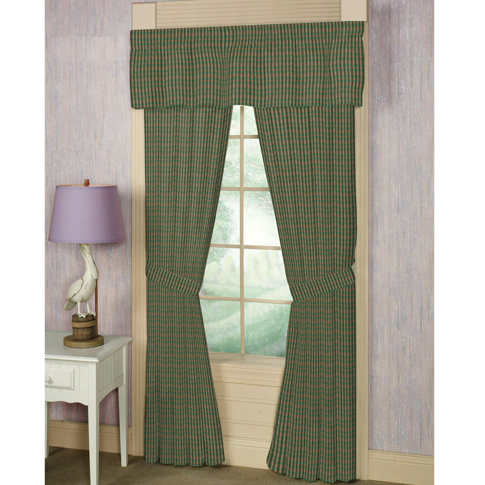 Dry Moss Green And Tan Check Window Curtain 40"W x 84"L