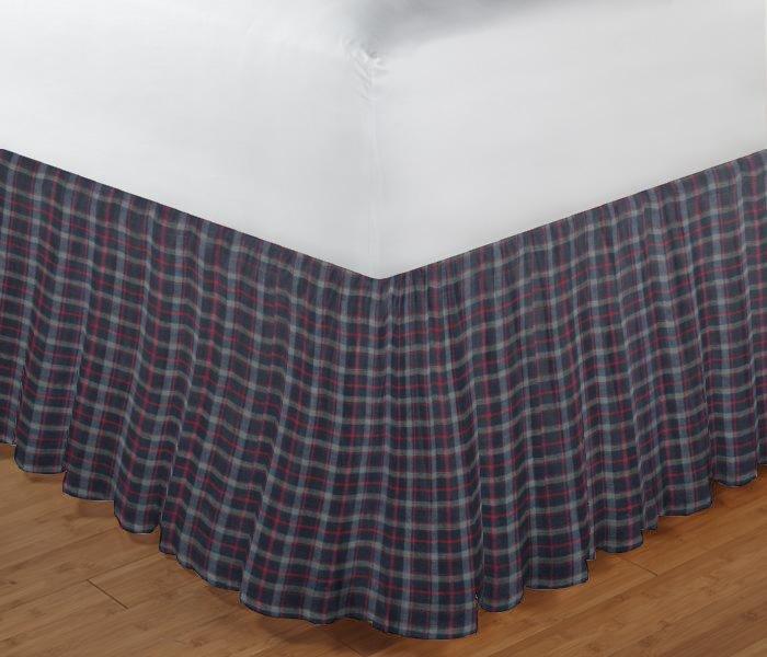 Grey&navy blue plaid,red lines dust ruffle full 54"x80"