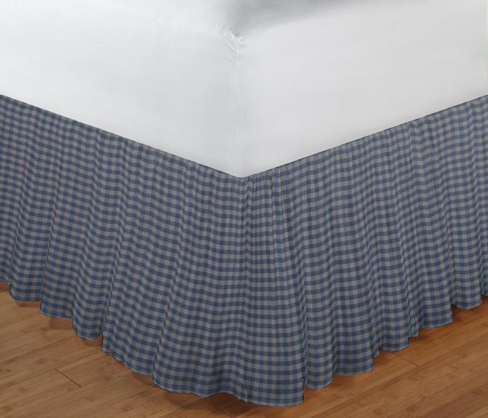 Blue Ecru Gingam Bed Skirt King 78"W x 80"L-Drop 18"