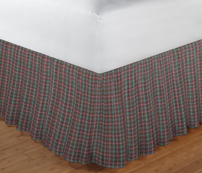 Dull Red and Green Plaid Bed Skirt King Size 78"W x 80"L-Drop 18"