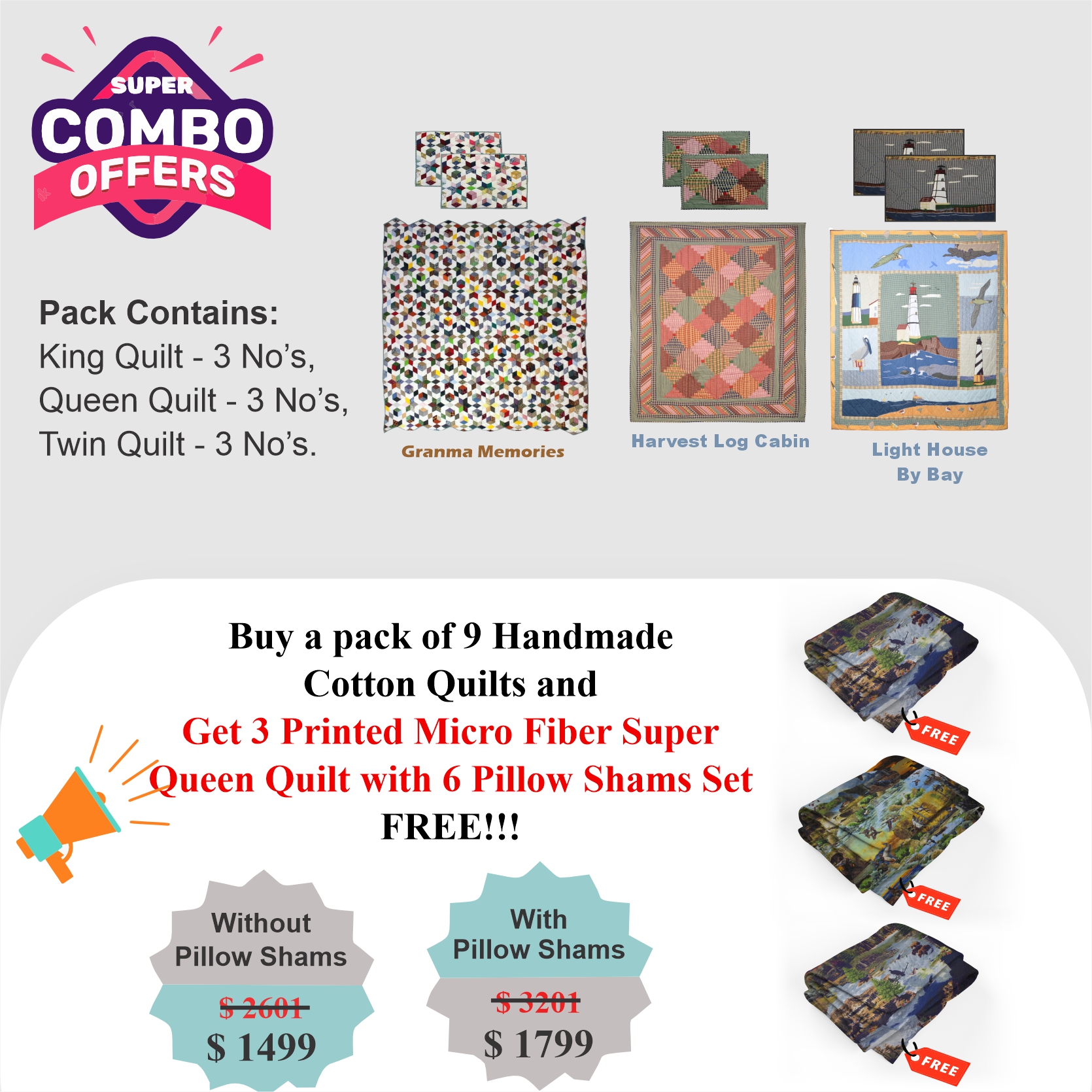 Granma Memory /Harvest Log Cabin/ Light house - Pack of 9 handmade cotton quilts | Buy 9 cotton quilts and get 3 Printed Microfiber Super Queen Quilt with 3 Shams set FREE!!!