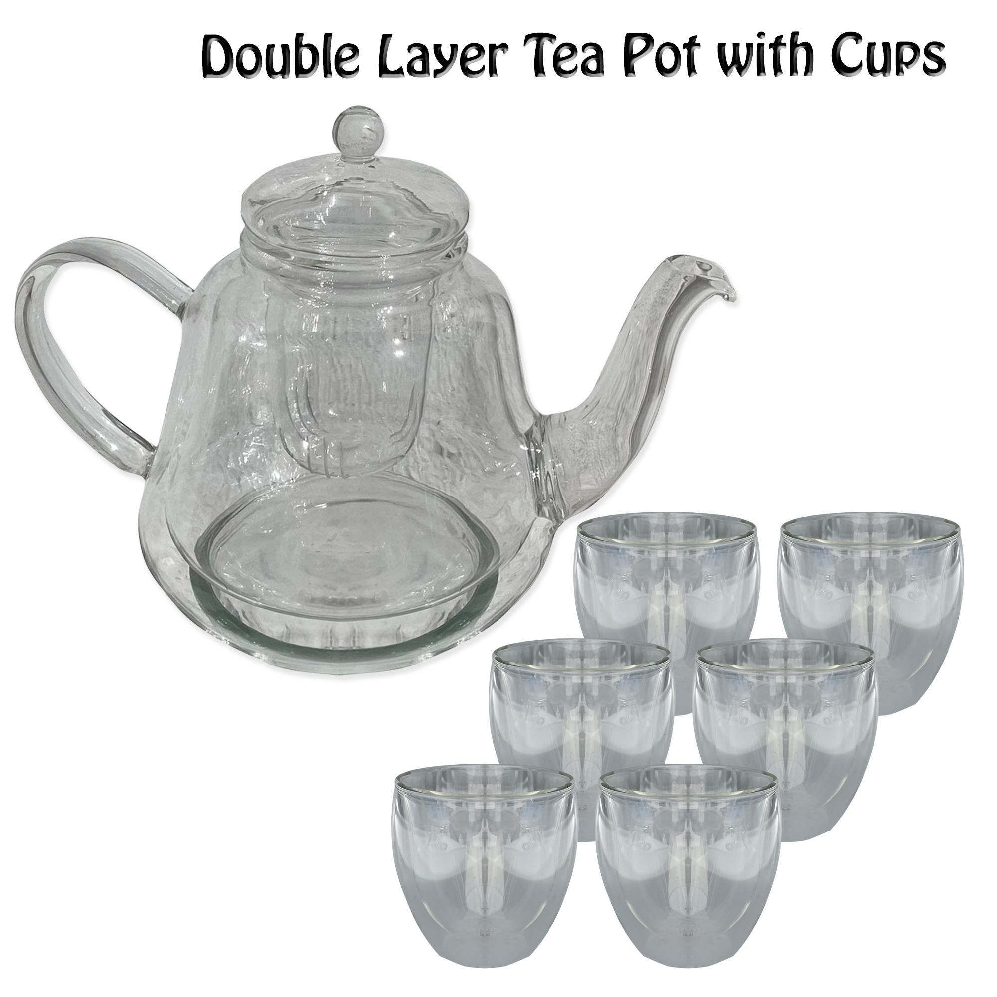 Set of Oval Shaped Double Layer Glass Teapot, 530ml with Oval Shape Glass cups-200 ML (set of 6 glasses). Teapot with Infuser and Lid, Heatproof handle