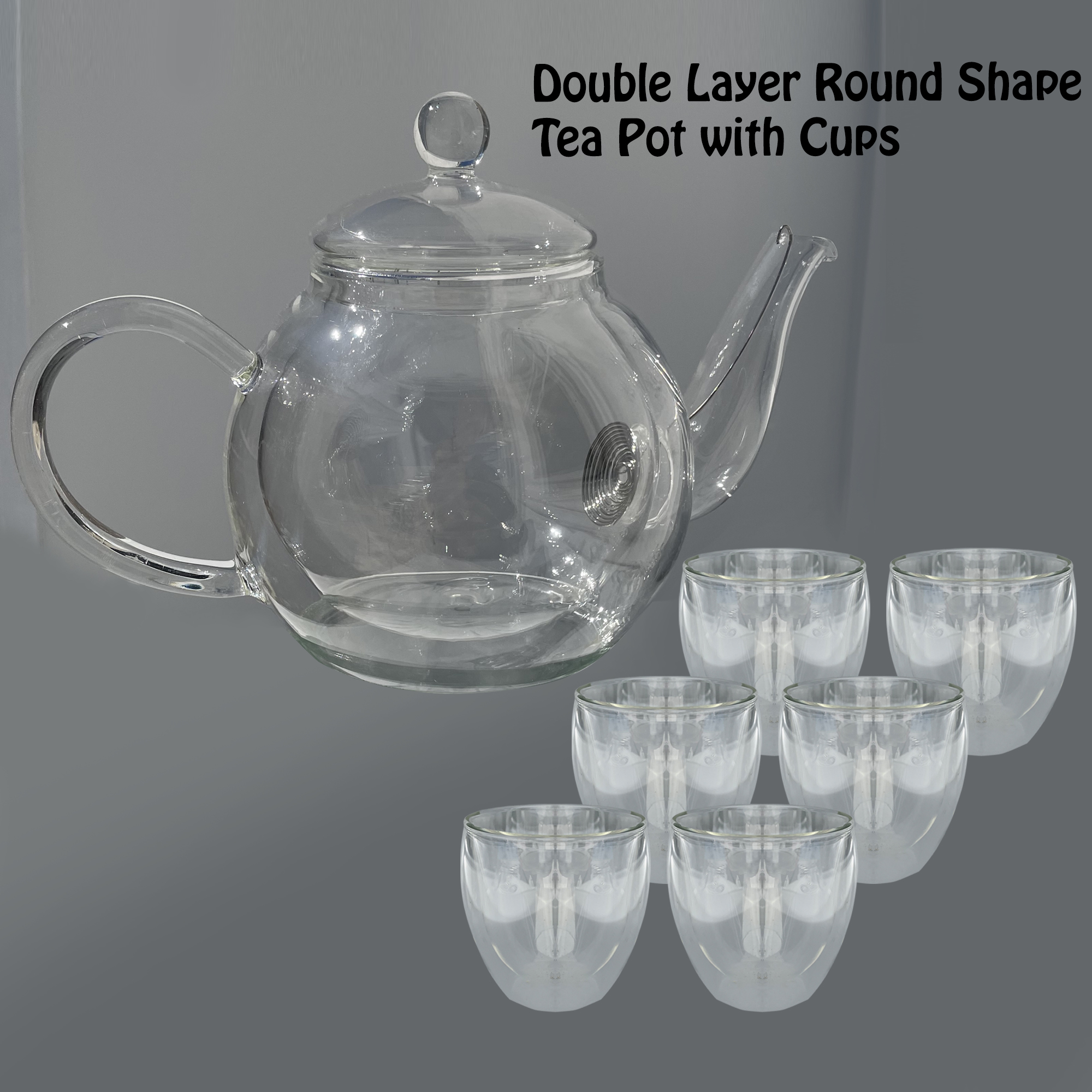 Set of Round Shaped Double Layer Glass Teapot, 530ml with Oval Shape Glass cups-200 ML (pack of 6 cups). Teapot with Infuser and Lid, Heatproof handle