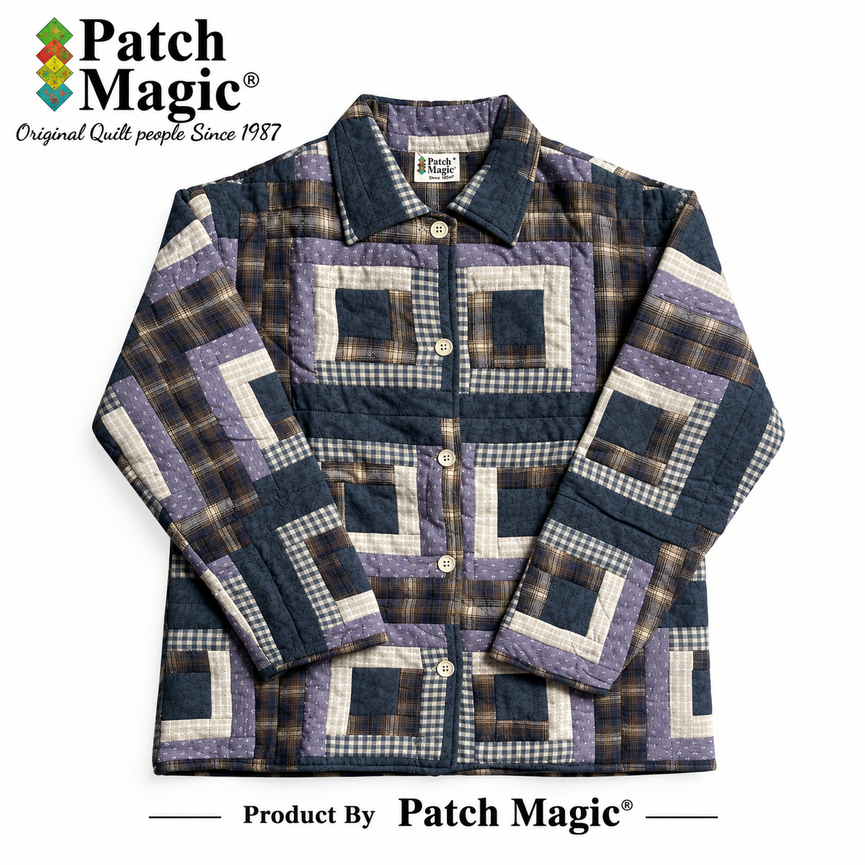 Blue Log Cabin Cotton Jacket | Unisex, Reversible, Soft Cotton Filled, Stylish Jacket for All Seasons | Small Blue Log Cabin Cotton Jacket | Unisex, Reversible, Soft Cotton Filled, Stylish Jacket for All Seasons | Small