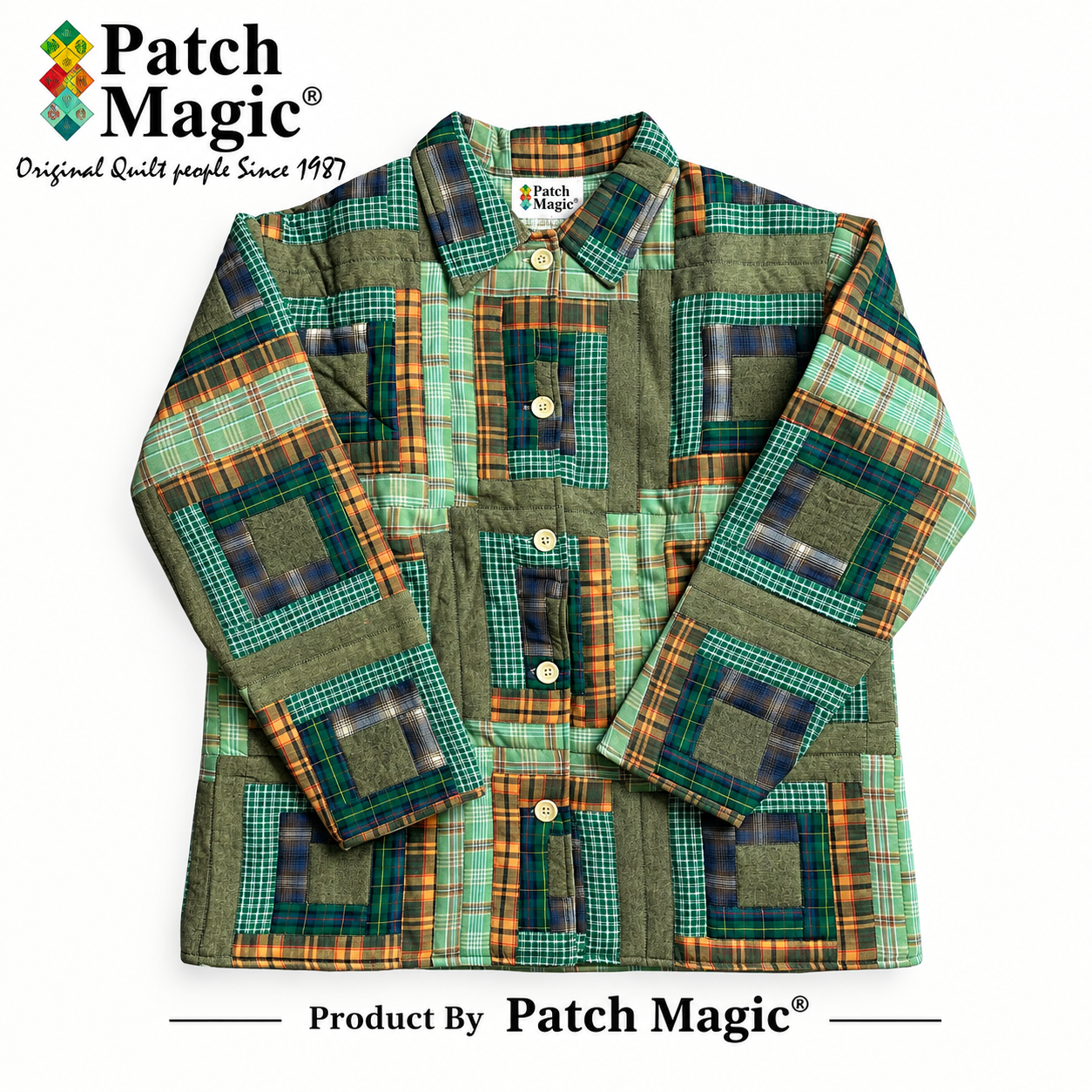 Green Log Cabin Quilted Cotton Jacket | Reversible, Regular Fit, Soft Cotton Filled, Partywear Green Log Cabin Quilted Cotton Jacket | Reversible, Regular Fit, Soft Cotton Filled, Partywear