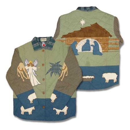 Nativity Christmas Reversible Quilted Cotton Jacket &ndash; Handmade Angel, Manger & Sheep Appliqu&eacute; Jacket by Patch Magic