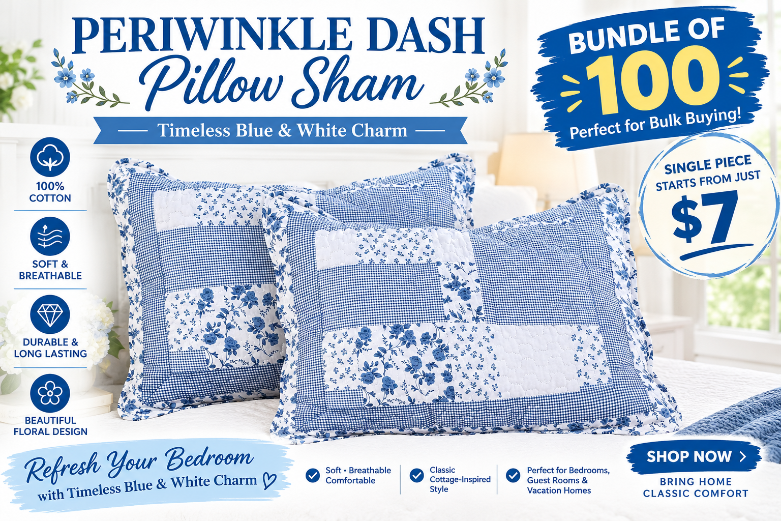 Periwinkle Dash Blue & White Quilted Cotton Pillow Sham &ndash; Floral Patchwork Design &ndash; Bundle of 100 by Patch Magic