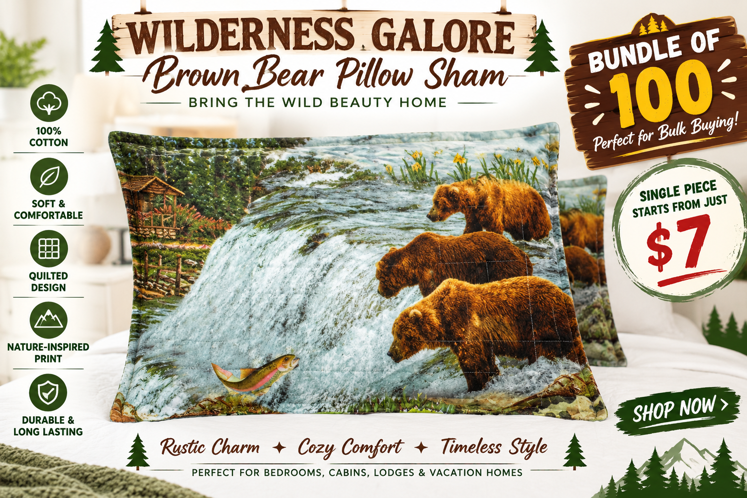 Wilderness Galore Brown Bear Quilted Cotton Pillow Sham &ndash; Wildlife Waterfall & Cabin Design &ndash; Bundle of 100 by Patch Magic