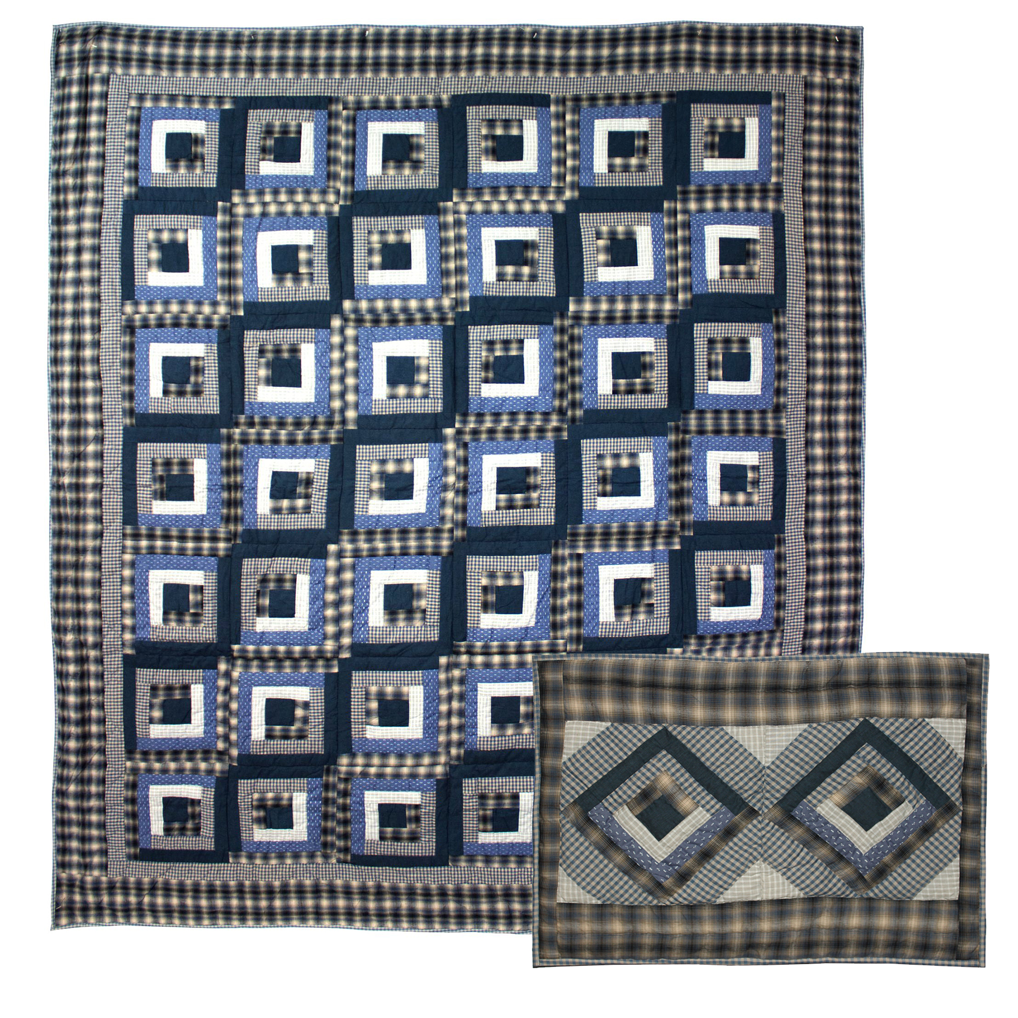 Blue Log Cabin Twin Quilt 65"W x 85"L | Buy a Quilt and Get a matching Pillow Sham (27"W X 21"L) Free
