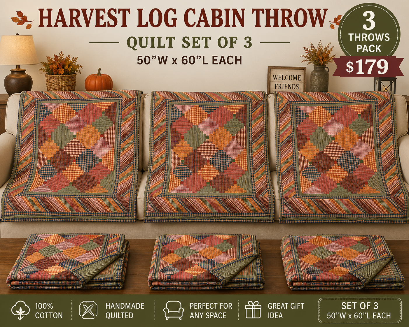 Harvest Log Cabin Throw 50"W x 60"L