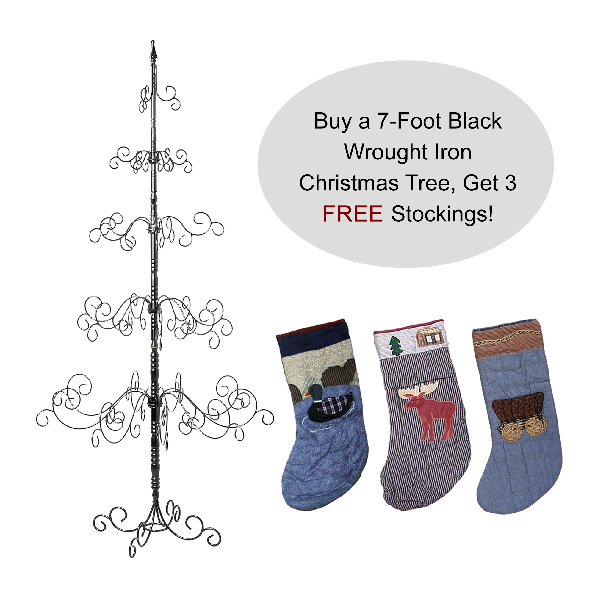 7-Foot Black Wrought Iron Christmas Tree Buy now and get 3 FREE Christmas Stockings to complete your holiday setup!