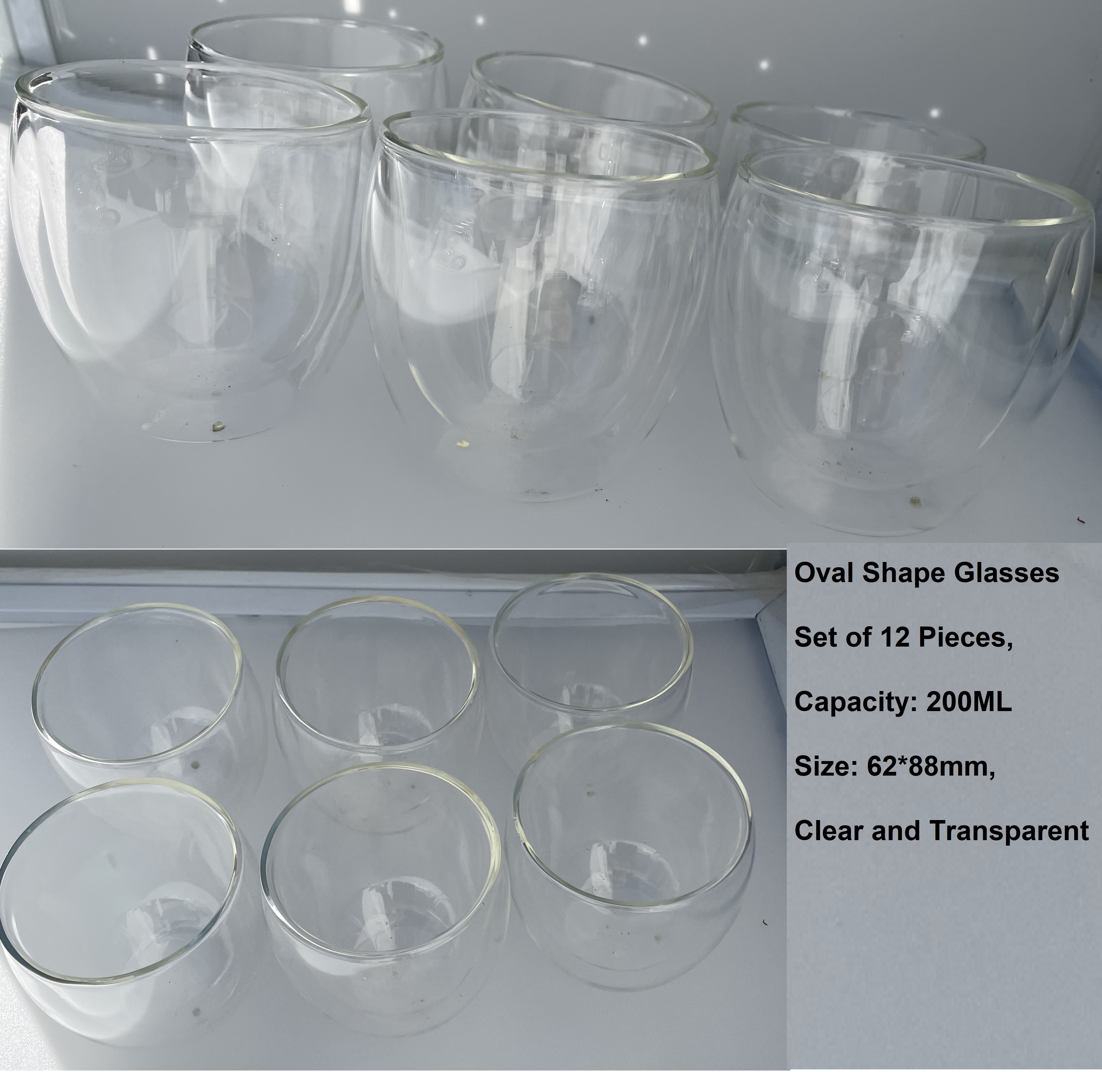 Oval Shape Glass cup set of 12 pieces, tea cup / wine glass / drink cup/ milk cup/ water cup, Capacity: 200ML Size: 62*88mm, Clear and Transparent.