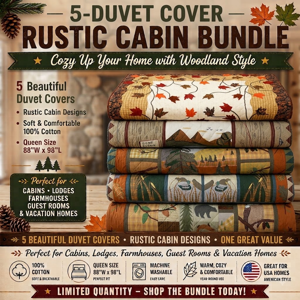 5-Piece Rustic Cabin Queen Duvet Cover Set - 100% Cotton Woodland Bedding Bundle