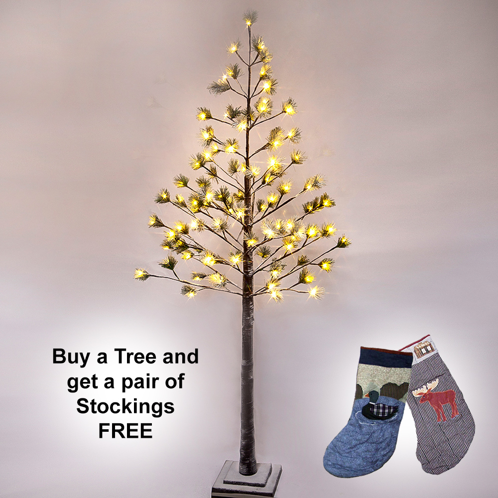 6-Ft Prelit Artificial Pine Christmas Tree with 96 Warm White LED Lights, Realistic Green Needle Leaves, Indoor & Outdoor, Adjustable Branches, Square Base – Buy a Tree and get a Pair of Stockings