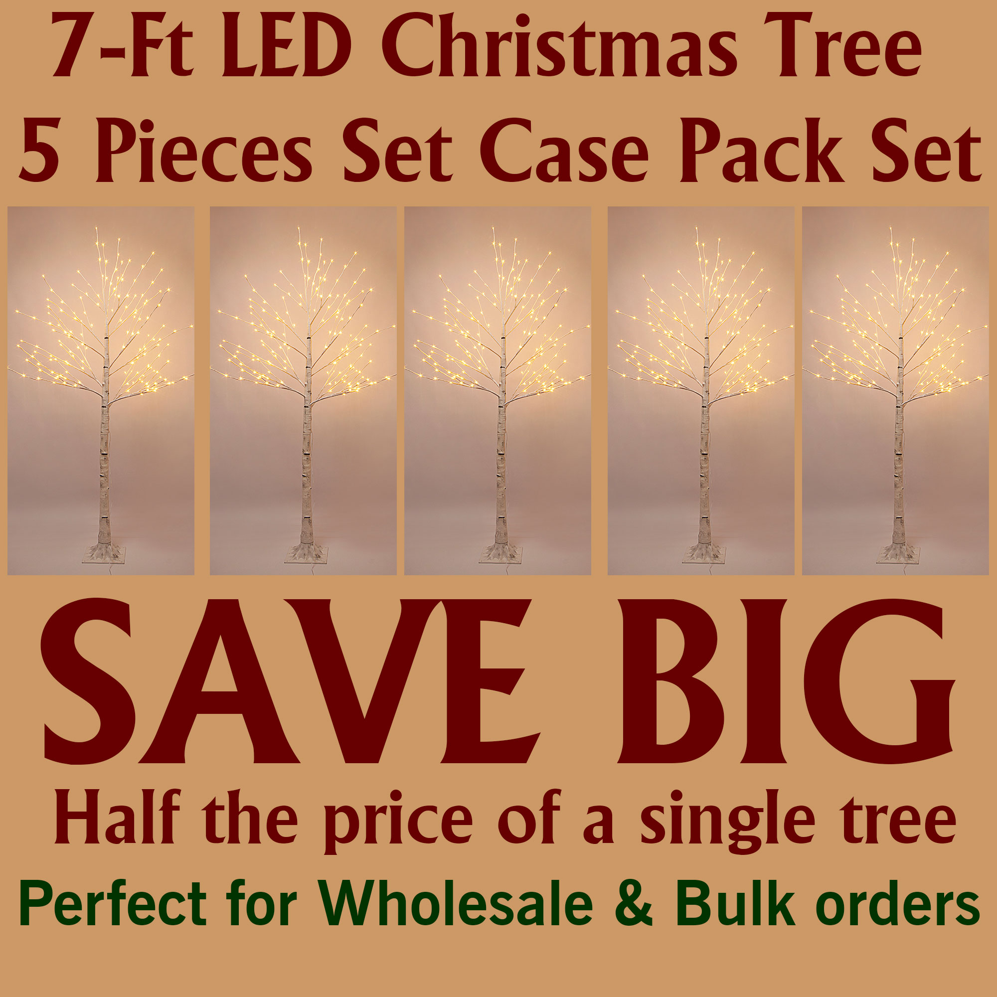 7ft LED Christmas Tree - 5-Piece Case Pack Set – Save Big! Perfect for Wholesale & Bulk Orders, Half the Price of a Single Tree!