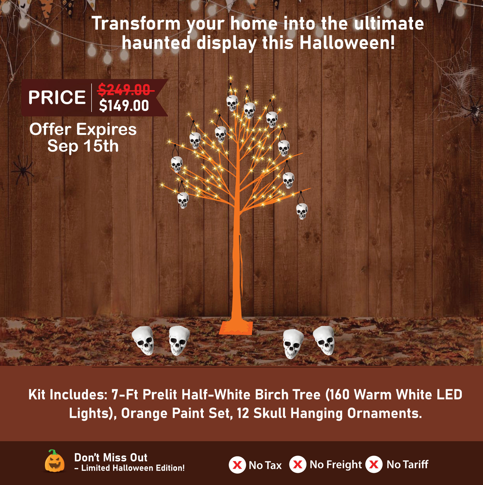 Halloween Tree Kit - 7-Ft Prelit Half-White Birch Tree (160 Warm White LED Lights), Orange Paint Set, 12 Skull Hanging Ornaments.