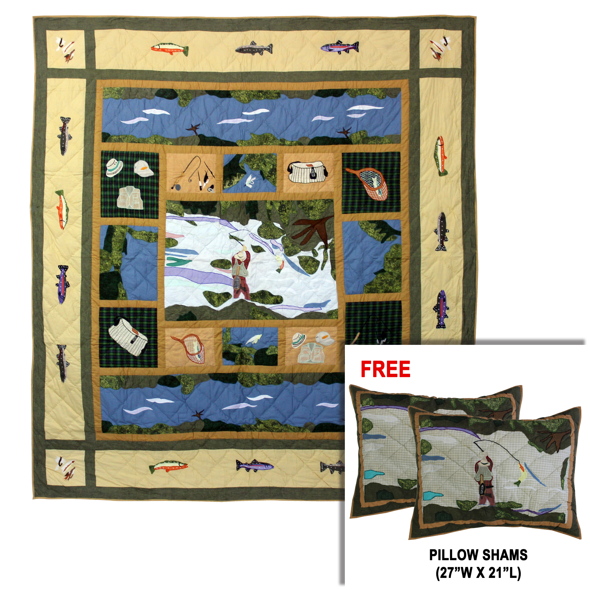 Fly Fishing King Quilt 105"W x 95"L | Buy a King Quilt and get a Matching Pillow Shams (27"W x 21"L) FREE