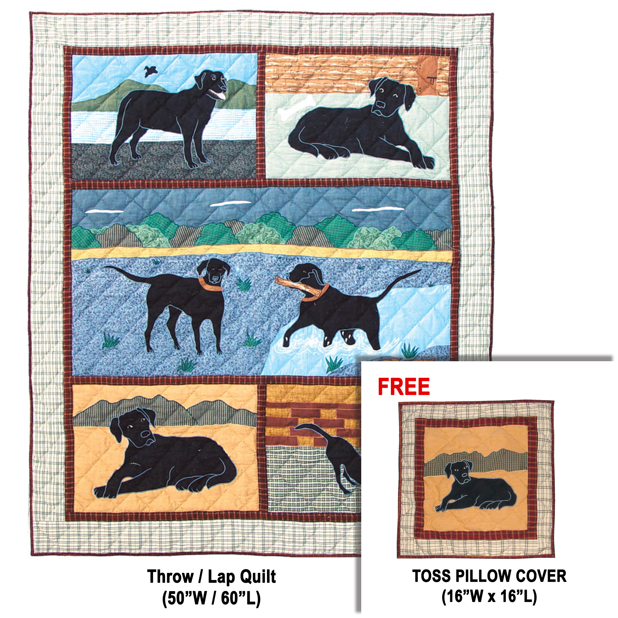 Black Lab Throw 50"W x 60"L | Buy a Throw / lap Quilt and Get a matching Toss Pillow Cover (16"W x 16"L) FREE
