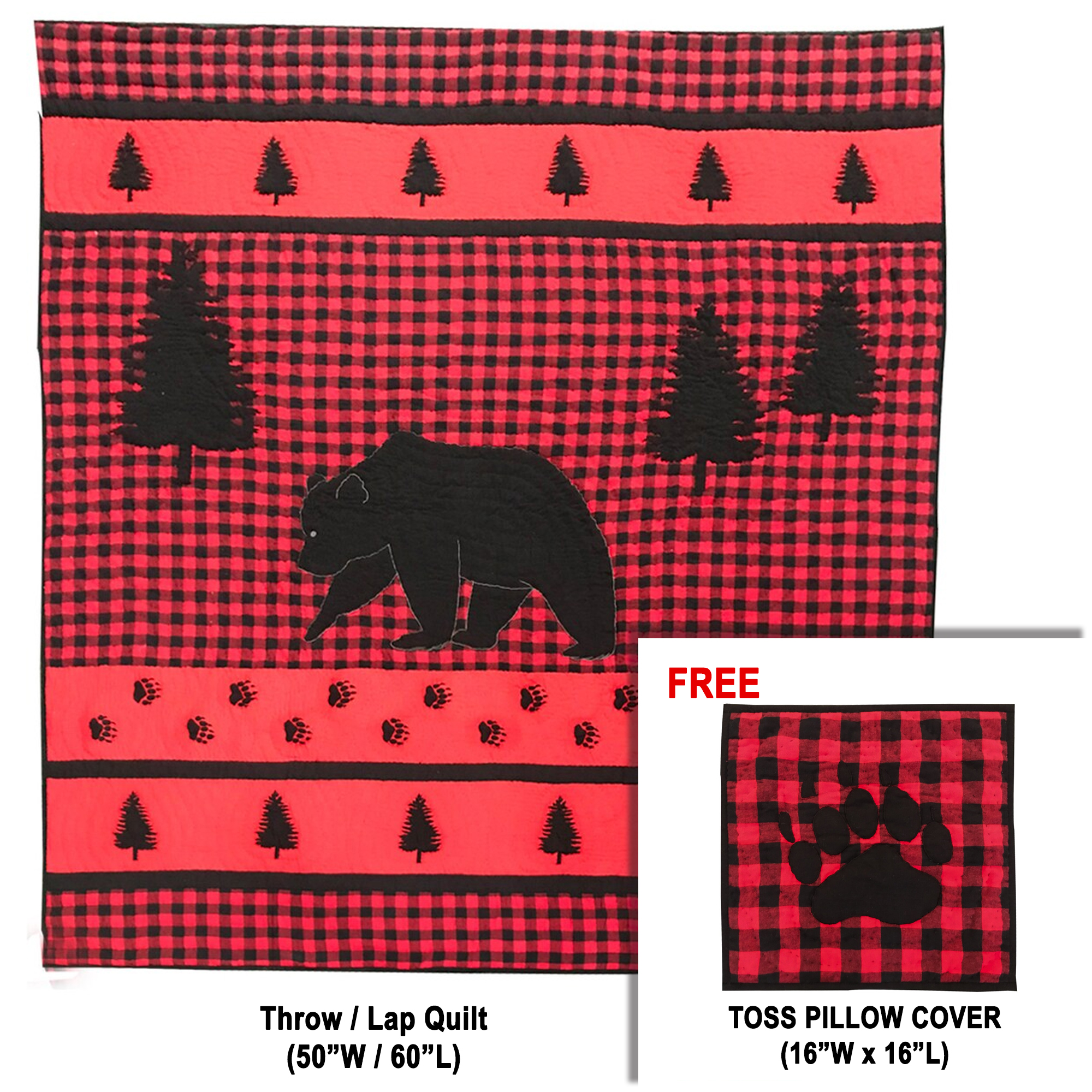 Bear Track Throw 50"W x 60"L | Buy a Throw / lap Quilt and Get a matching Toss Pillow Cover (16"W x 16"L) FREE
