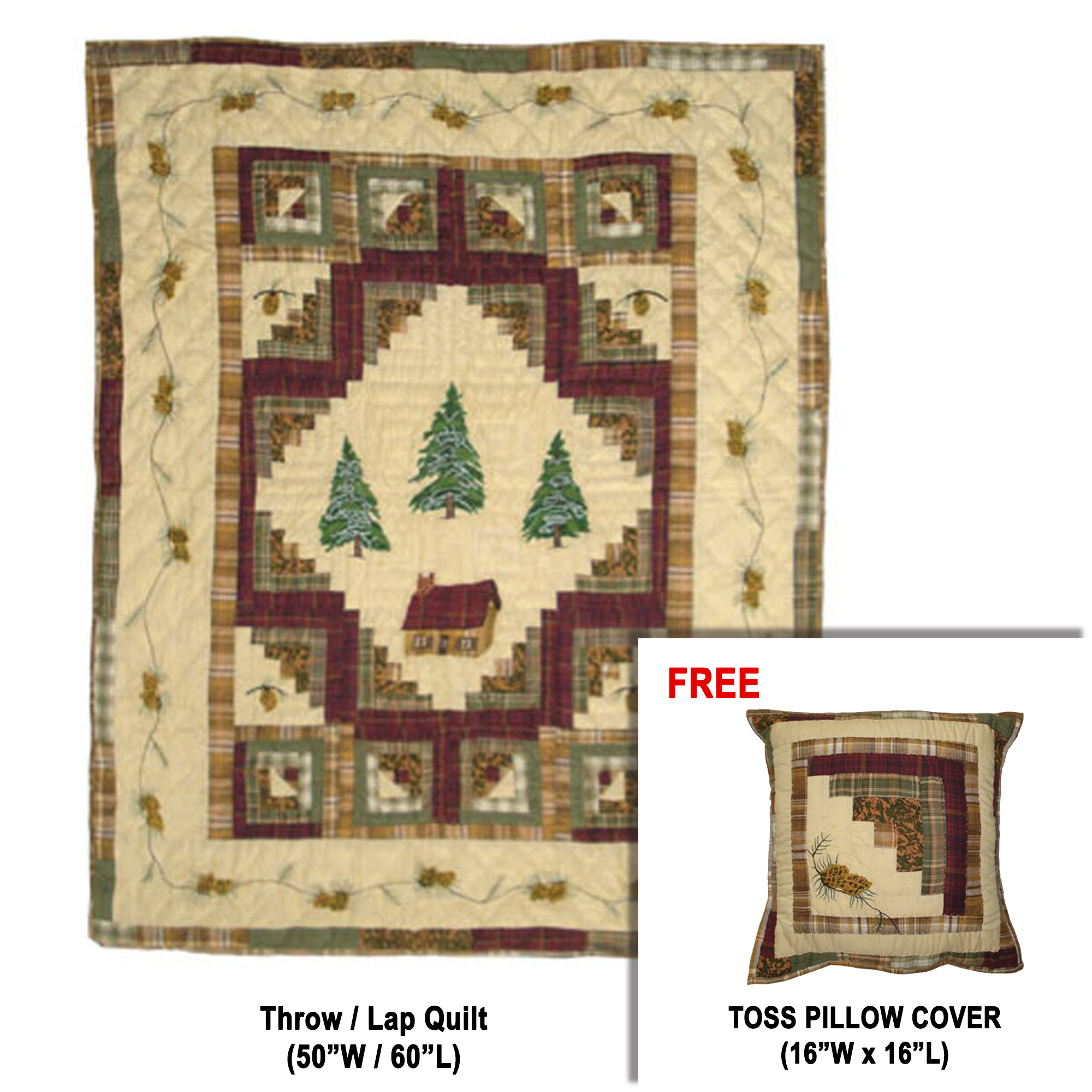 Forest Log Cabin Throw 50"W x 60"L | Buy a Throw / lap Quilt and Get a matching Toss Pillow Cover (16"W x 16"L) FREE