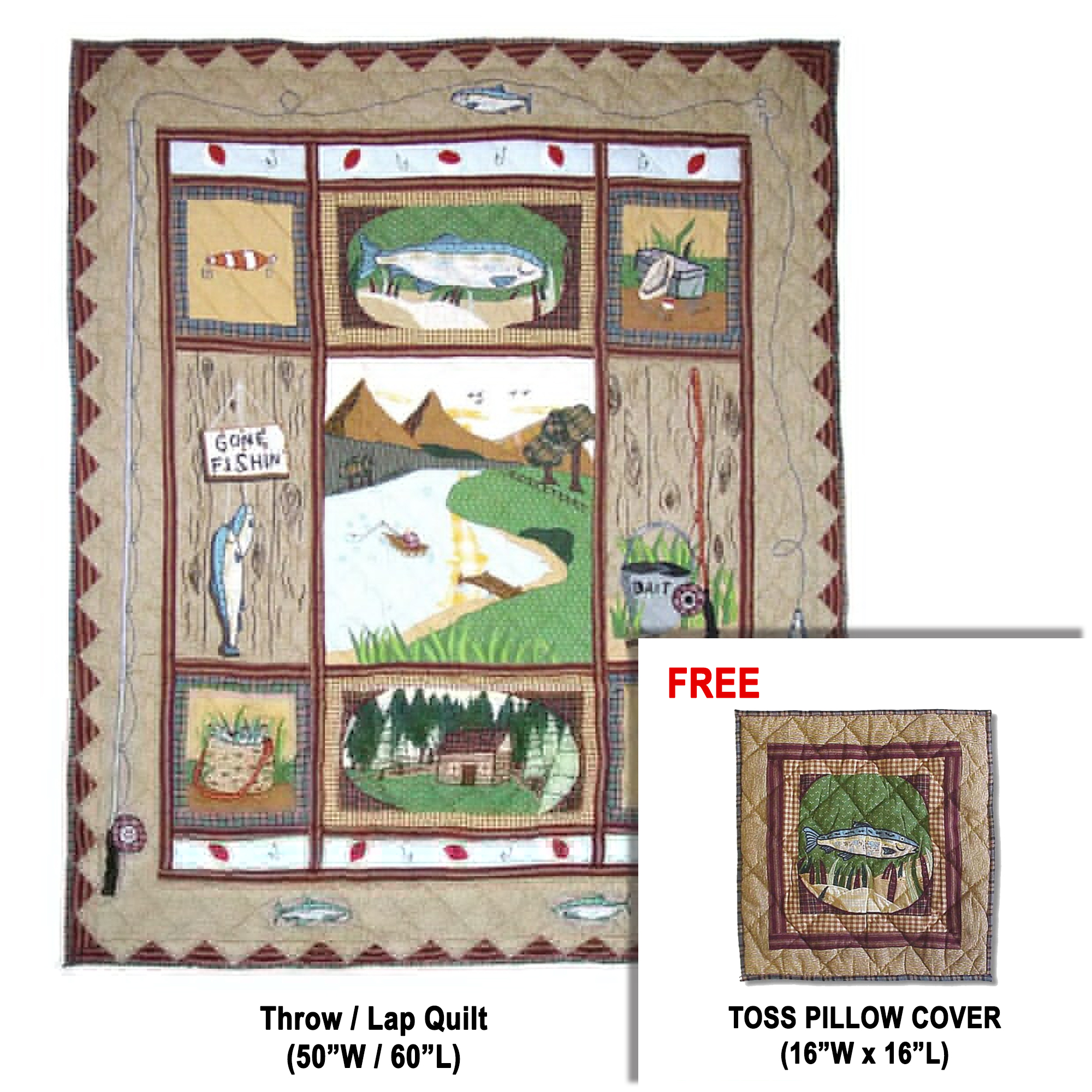 Gone Fishing Throw 50"W x 60"L | Buy a Throw / lap Quilt and Get a matching Toss Pillow Cover (16"W x 16"L) FREE